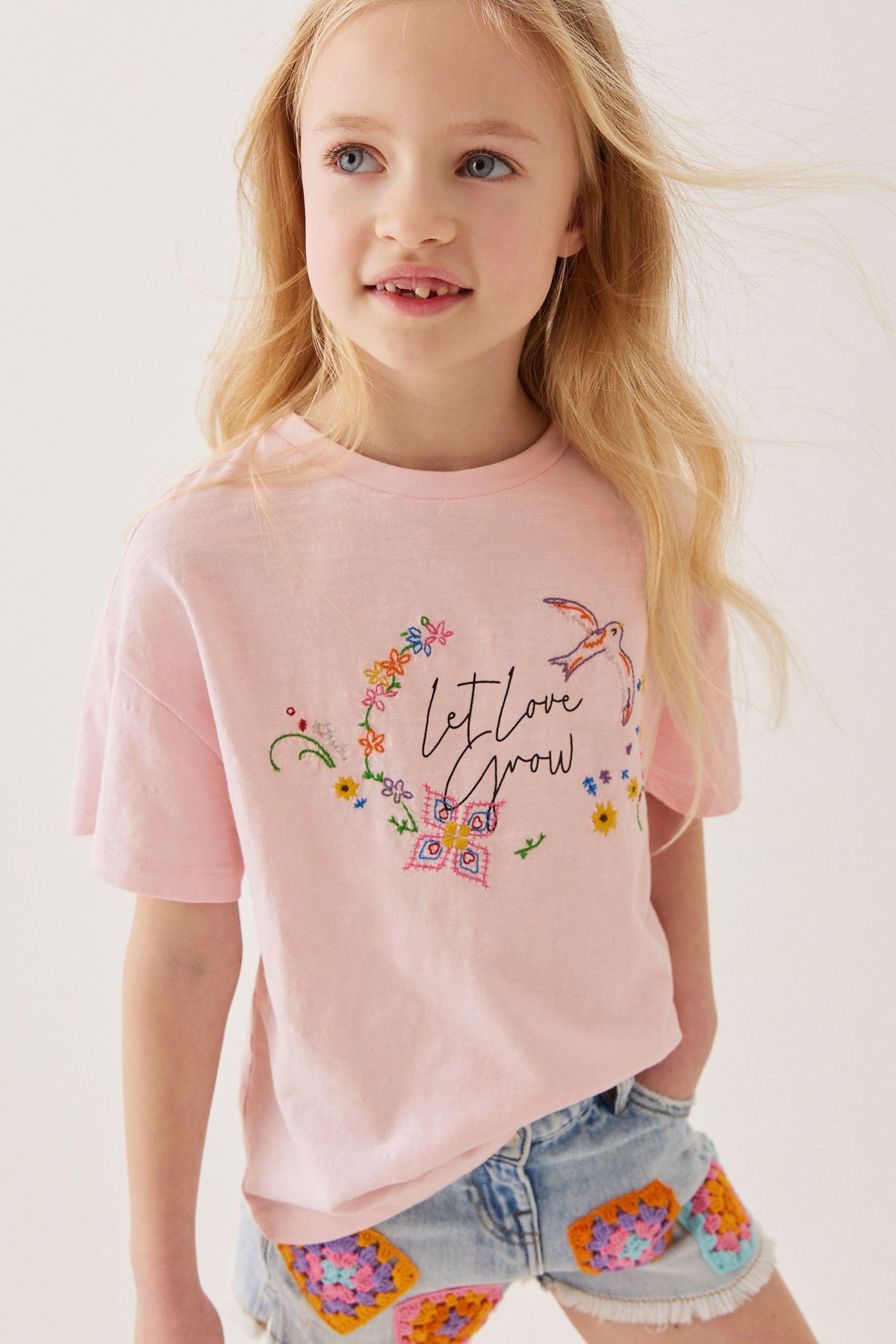 Pink Let Love Grow Embroidery T-Shirt (3-16yrs)