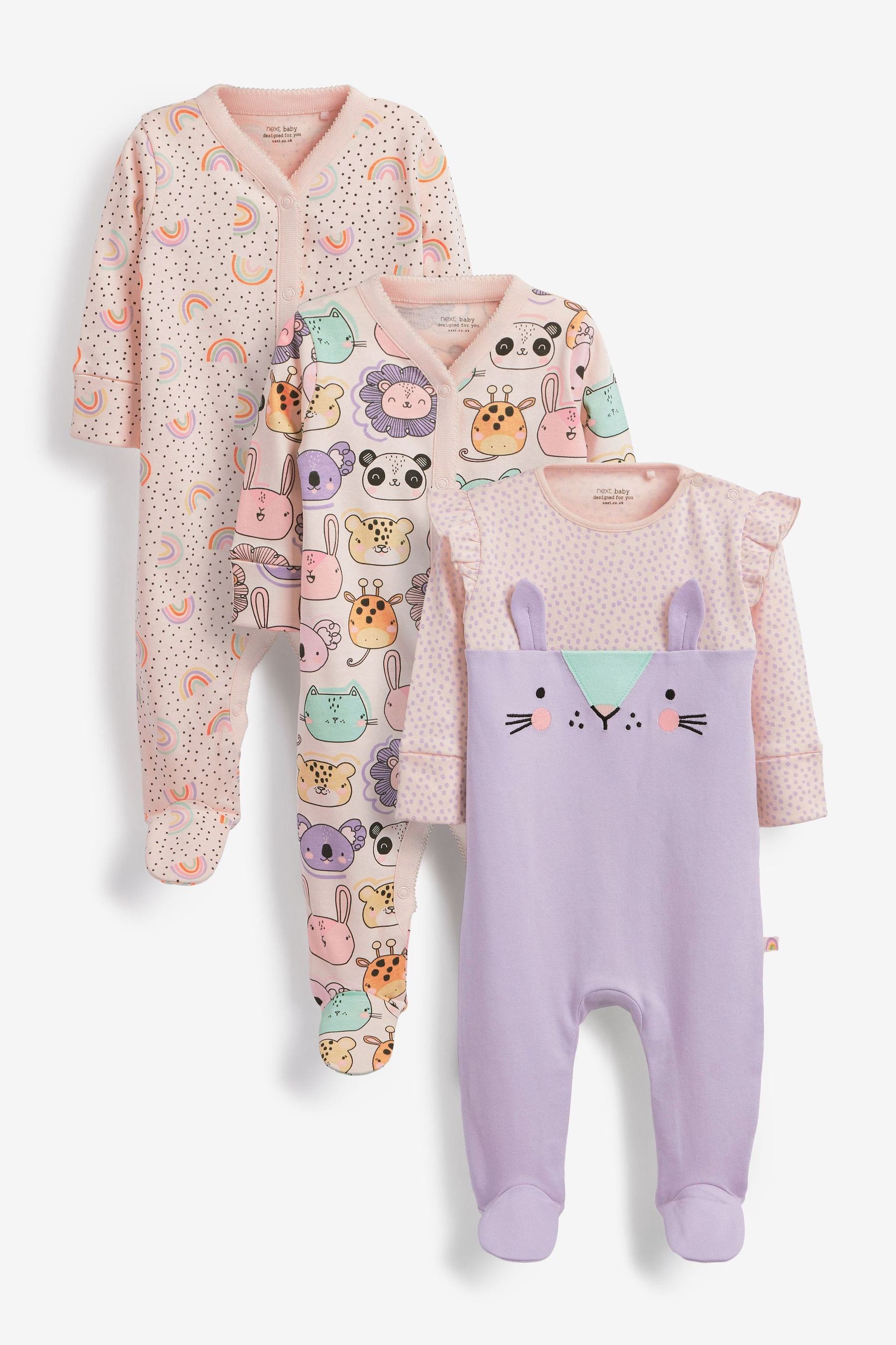 Purple Animal 3 Pack Baby Sleepsuits (0-2yrs)