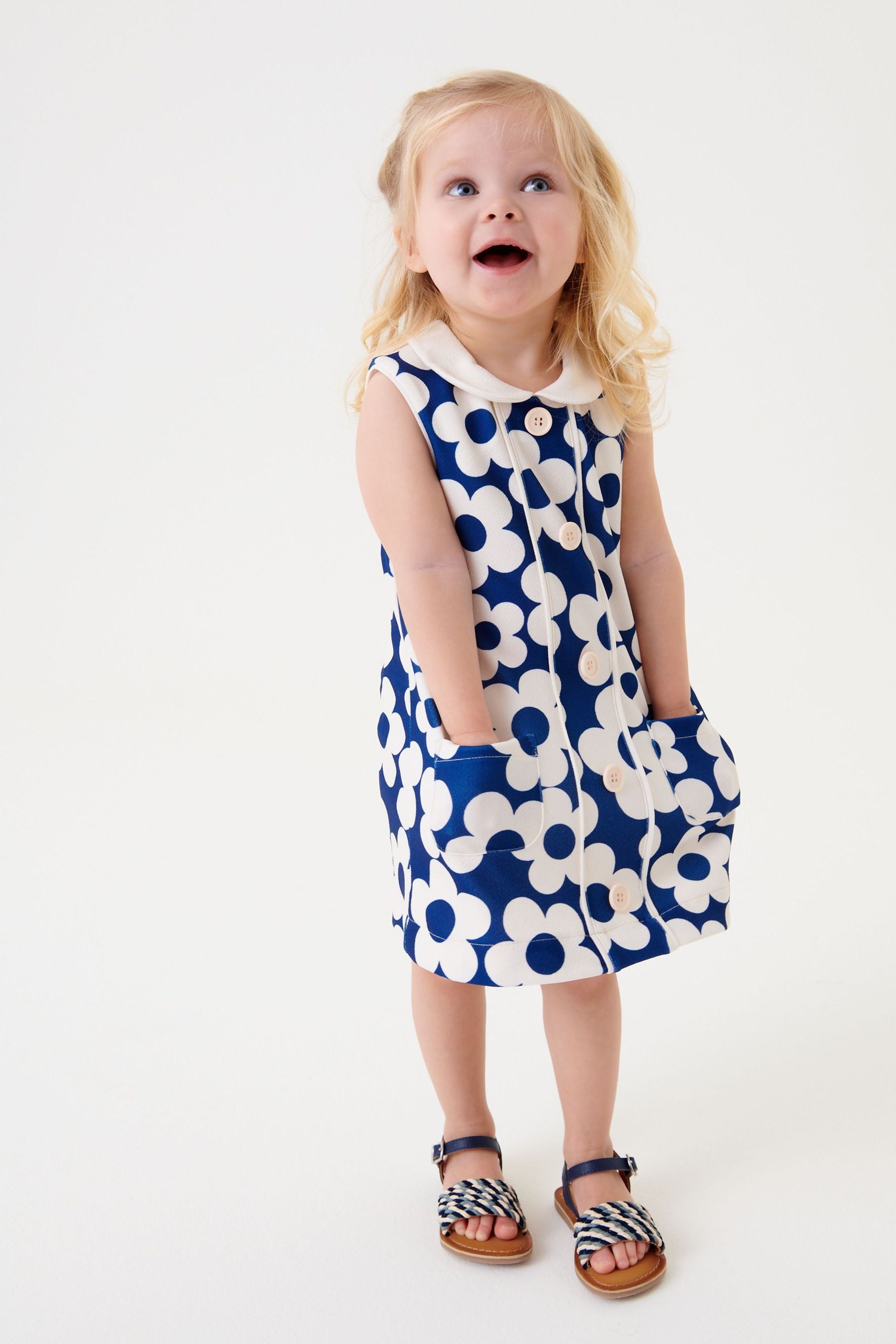 Blue Flower Button Through Jersey Dress (3mths-7yrs)