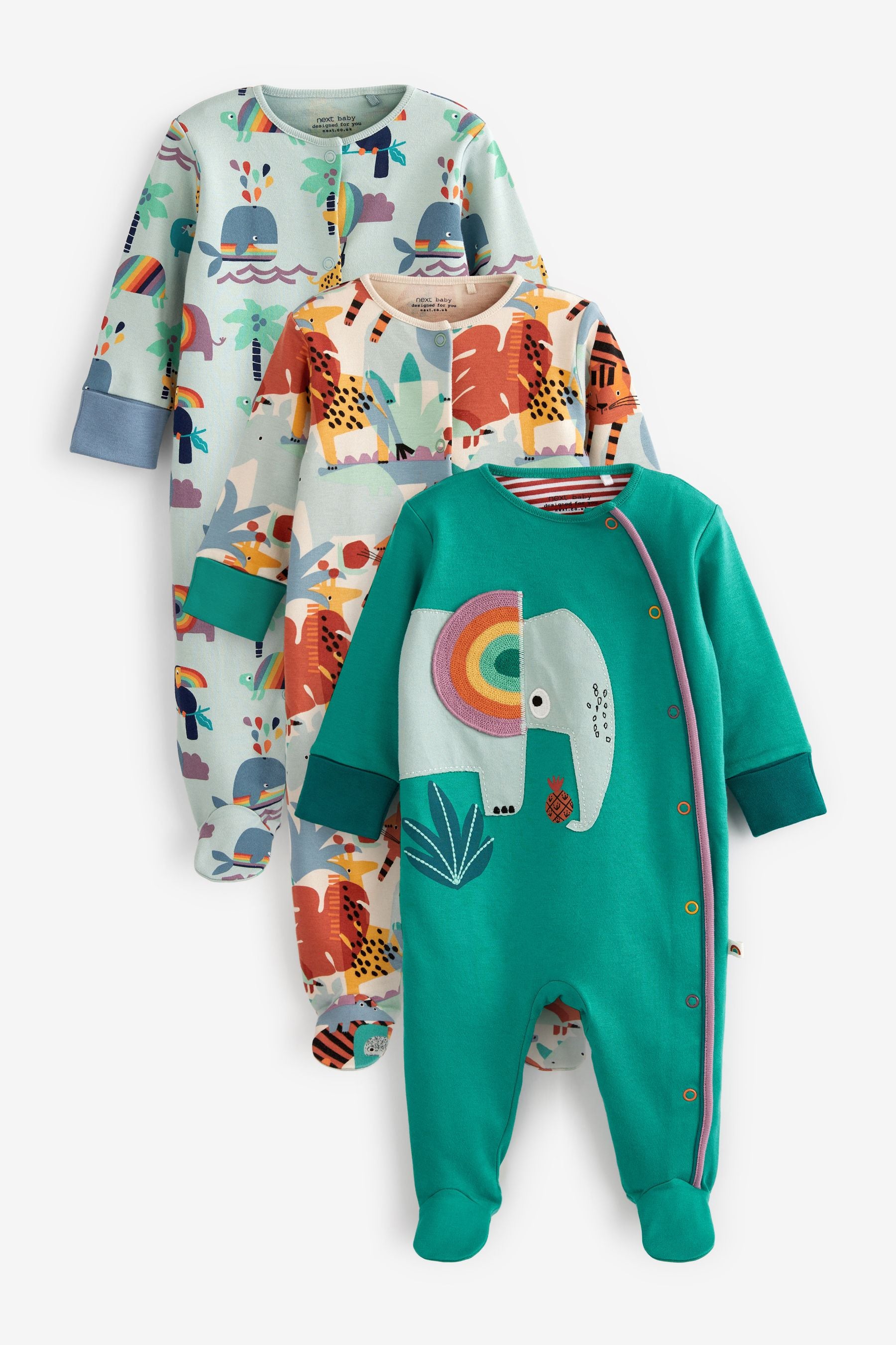 Green Elephant Baby 3 Pack Sleepsuits (0mths-2yrs)