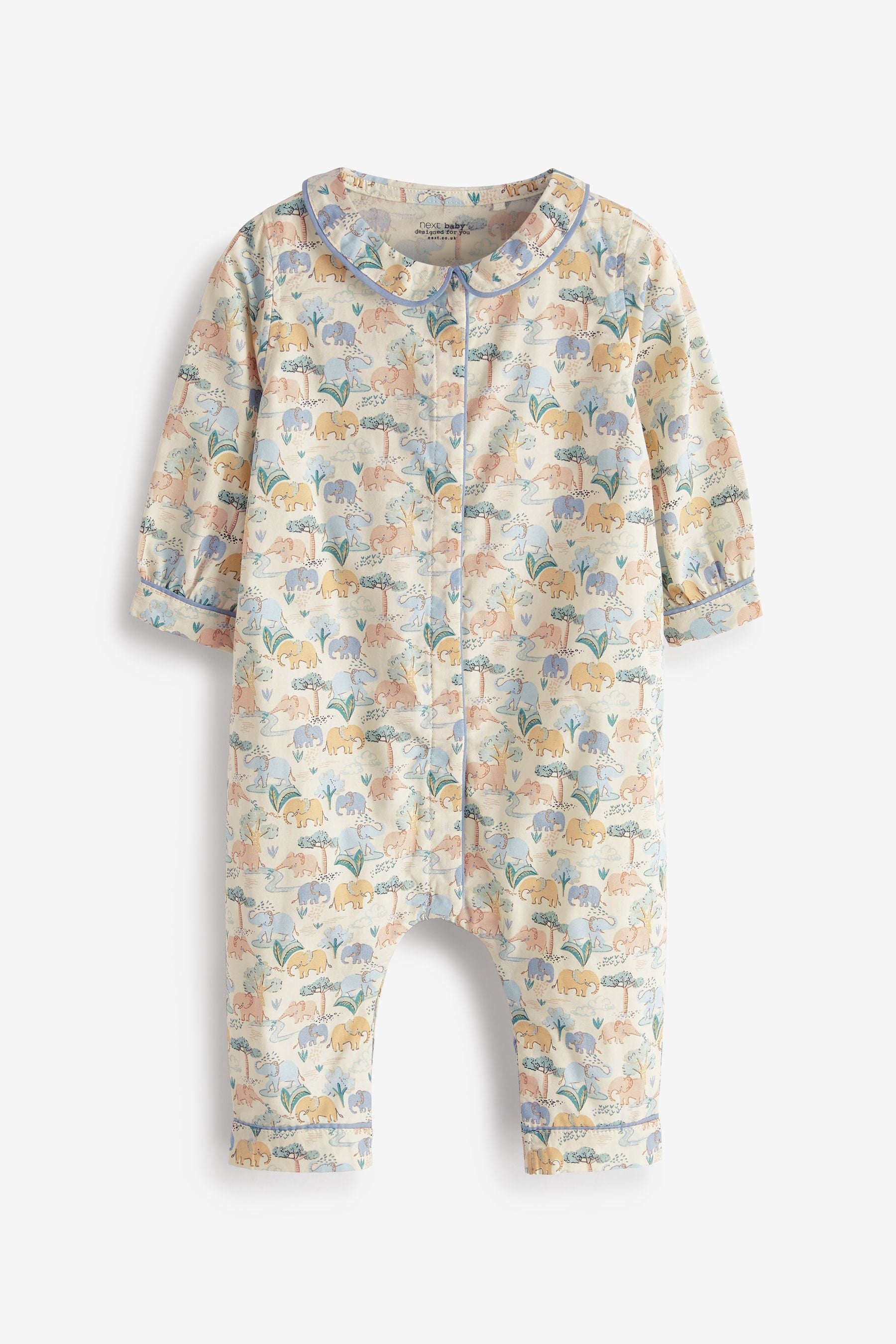 Blue Elephant Print Woven Collared Baby Pyjama Sleepsuit (0-2yrs)