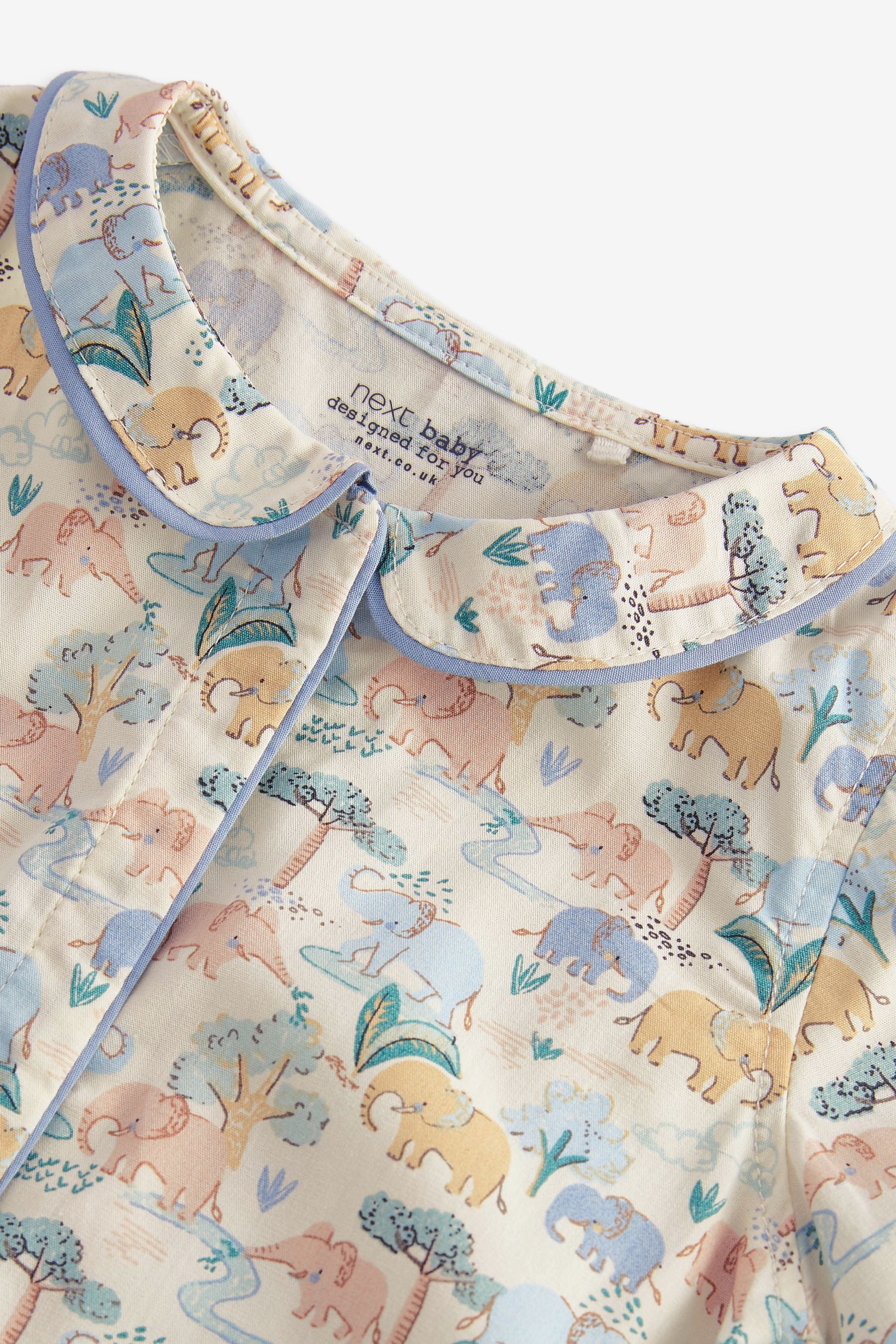 Blue Elephant Print Woven Collared Baby Pyjama Sleepsuit (0-2yrs)