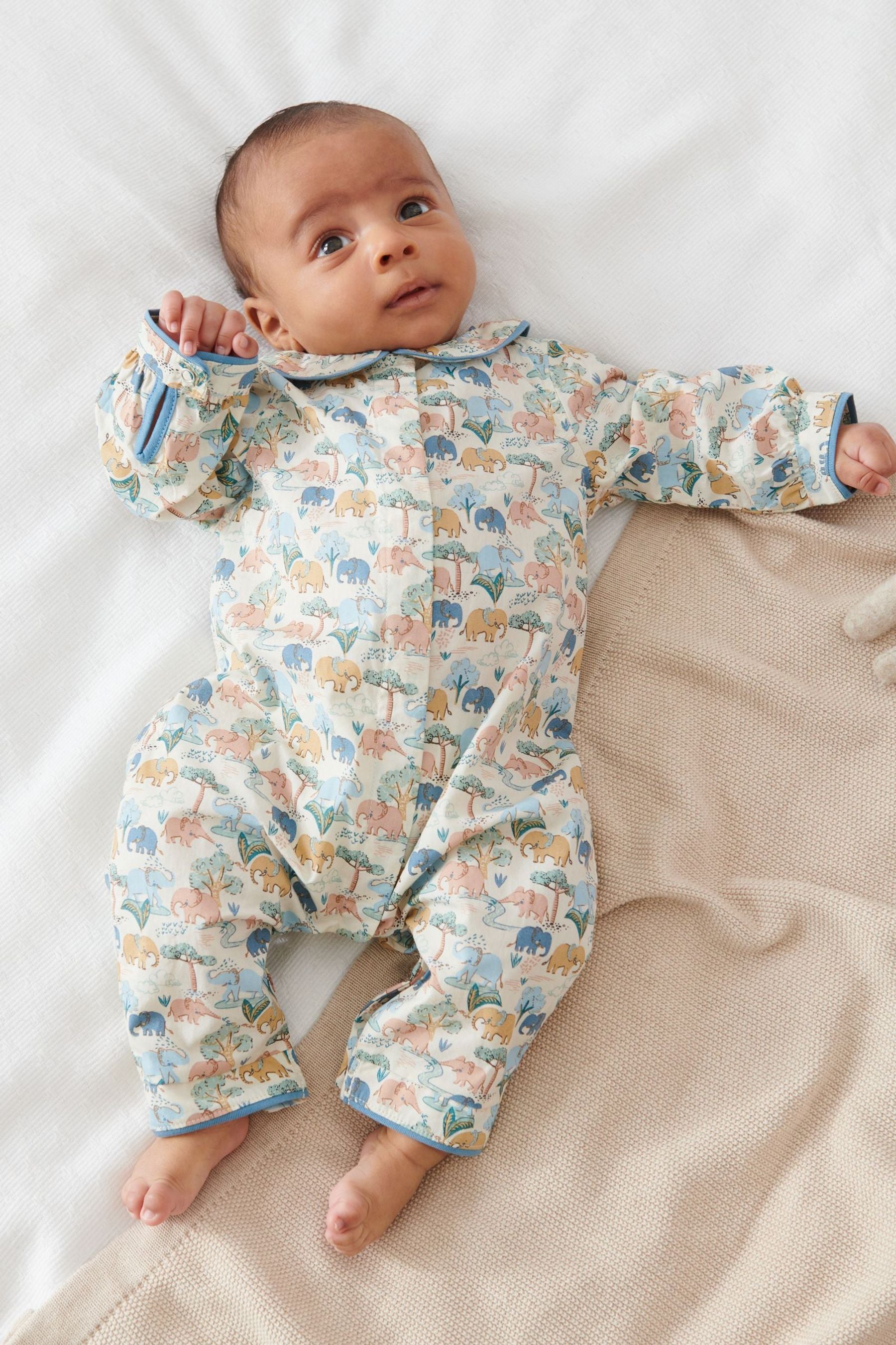 Blue Elephant Print Woven Collared Baby Pyjama Sleepsuit (0-2yrs)