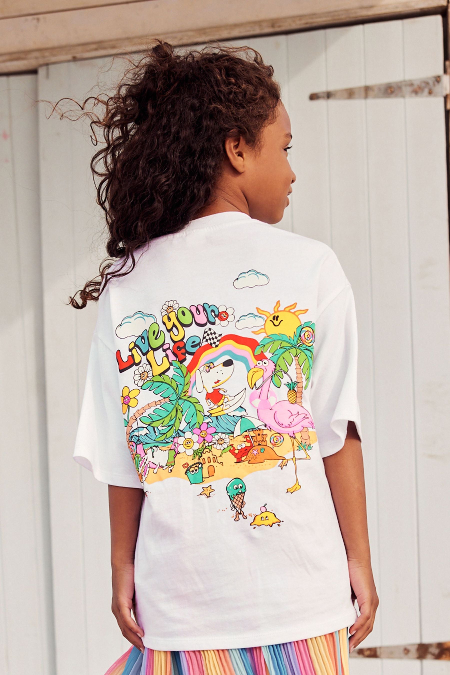 White Rainbow Live Your Life Back Graphic Oversized T-Shirt (3-16yrs)