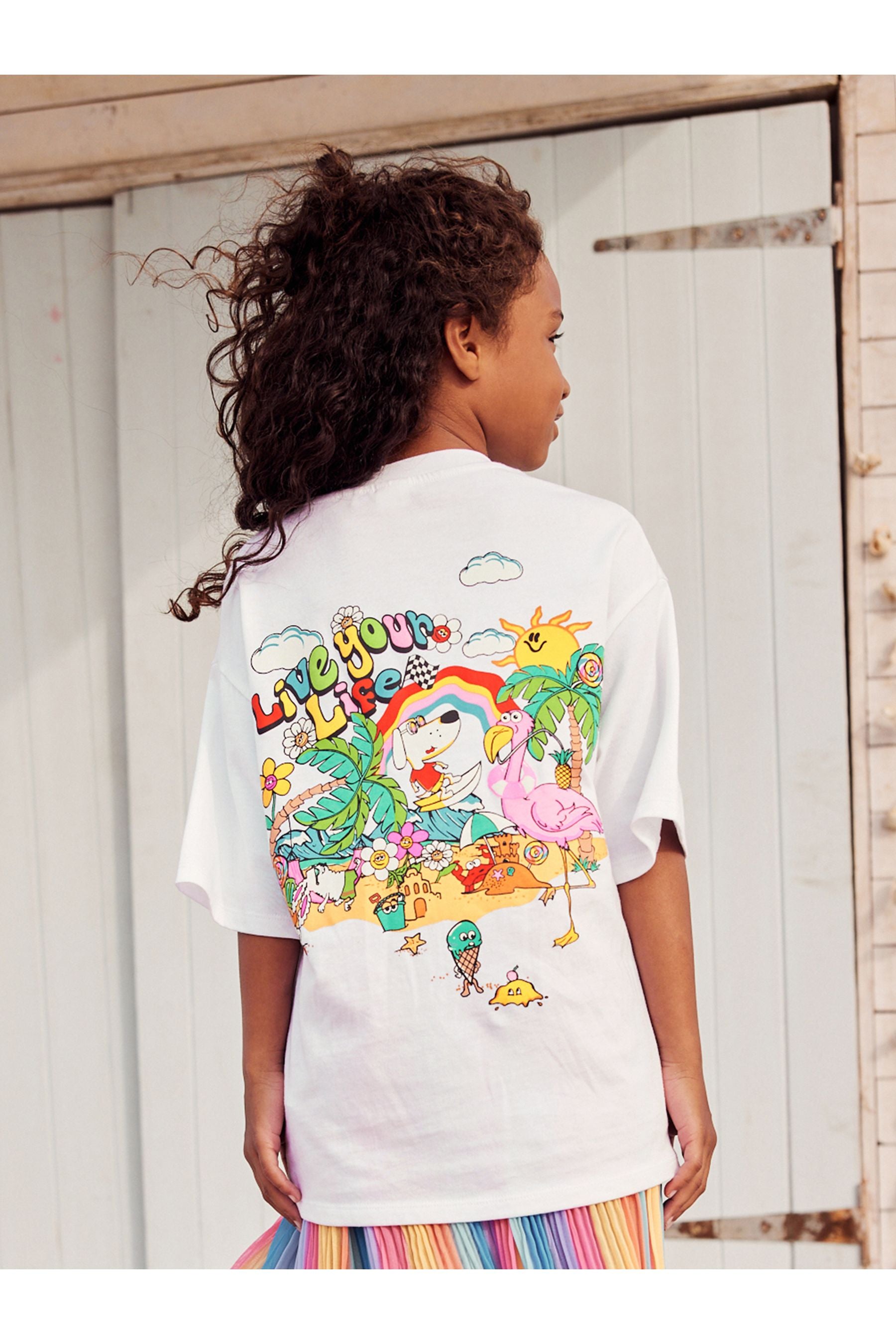 White Rainbow Live Your Life Back Graphic Oversized T-Shirt (3-16yrs)