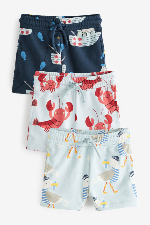 Aqua Blue Seaside 3 Pack All Over Printed Jersey Shorts (3mths-7yrs)