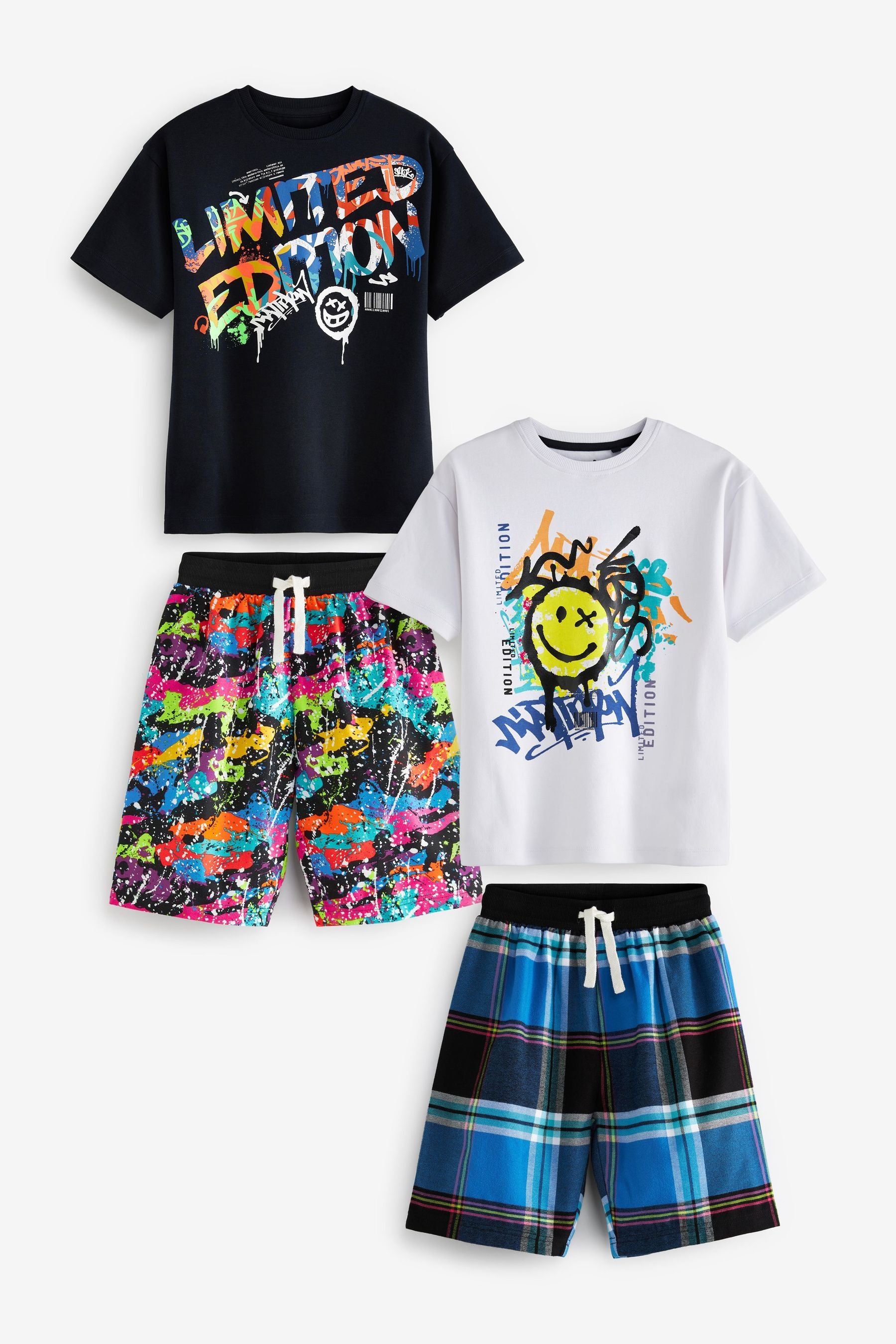 Blue/ White Graffitti 2 Pack Check Short Pyjamas (3-16yrs)