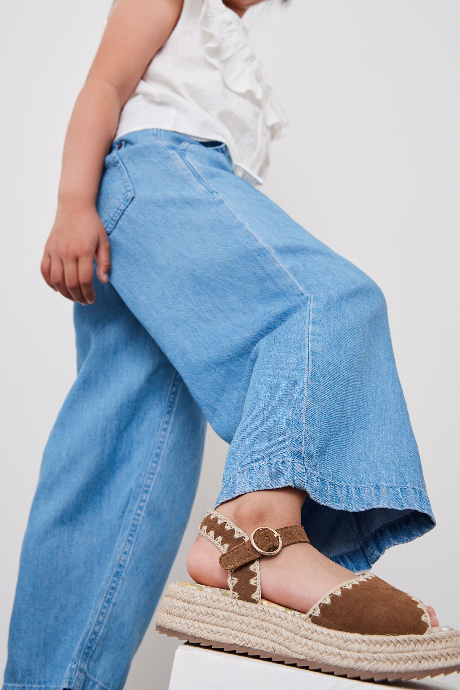 Tan Brown Leather Embroidered 70s Wedge Sandals