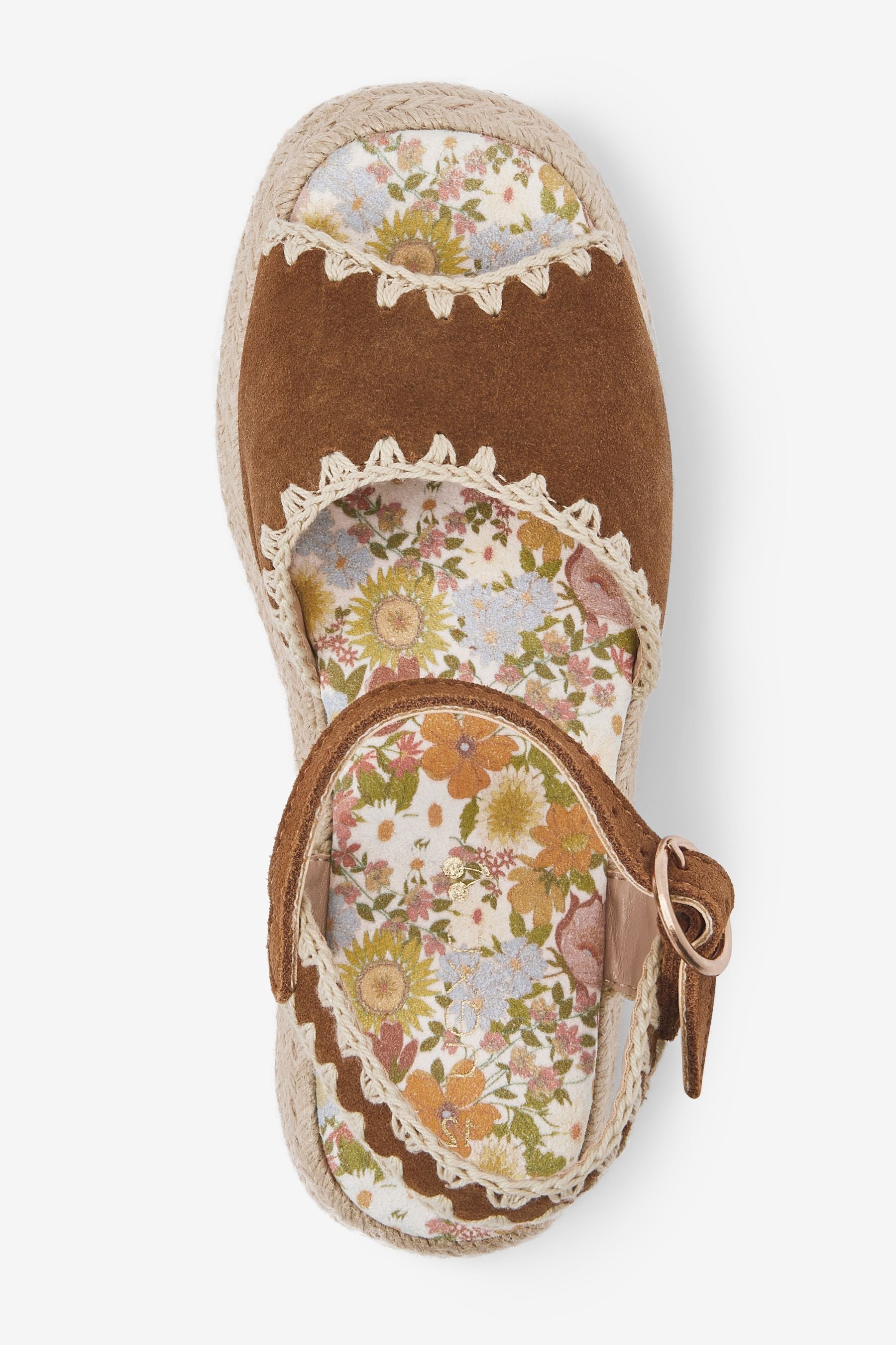 Tan Brown Leather Embroidered 70s Wedge Sandals