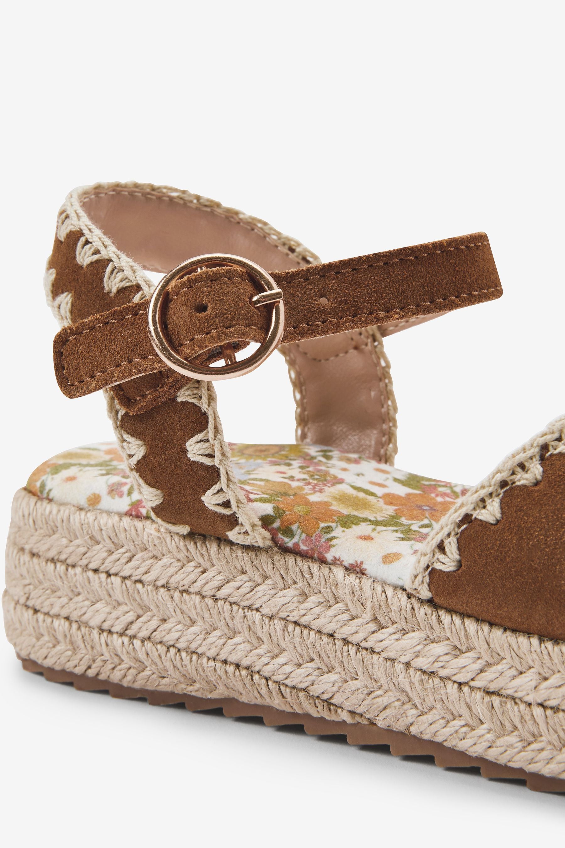 Tan Brown Leather Embroidered 70s Wedge Sandals