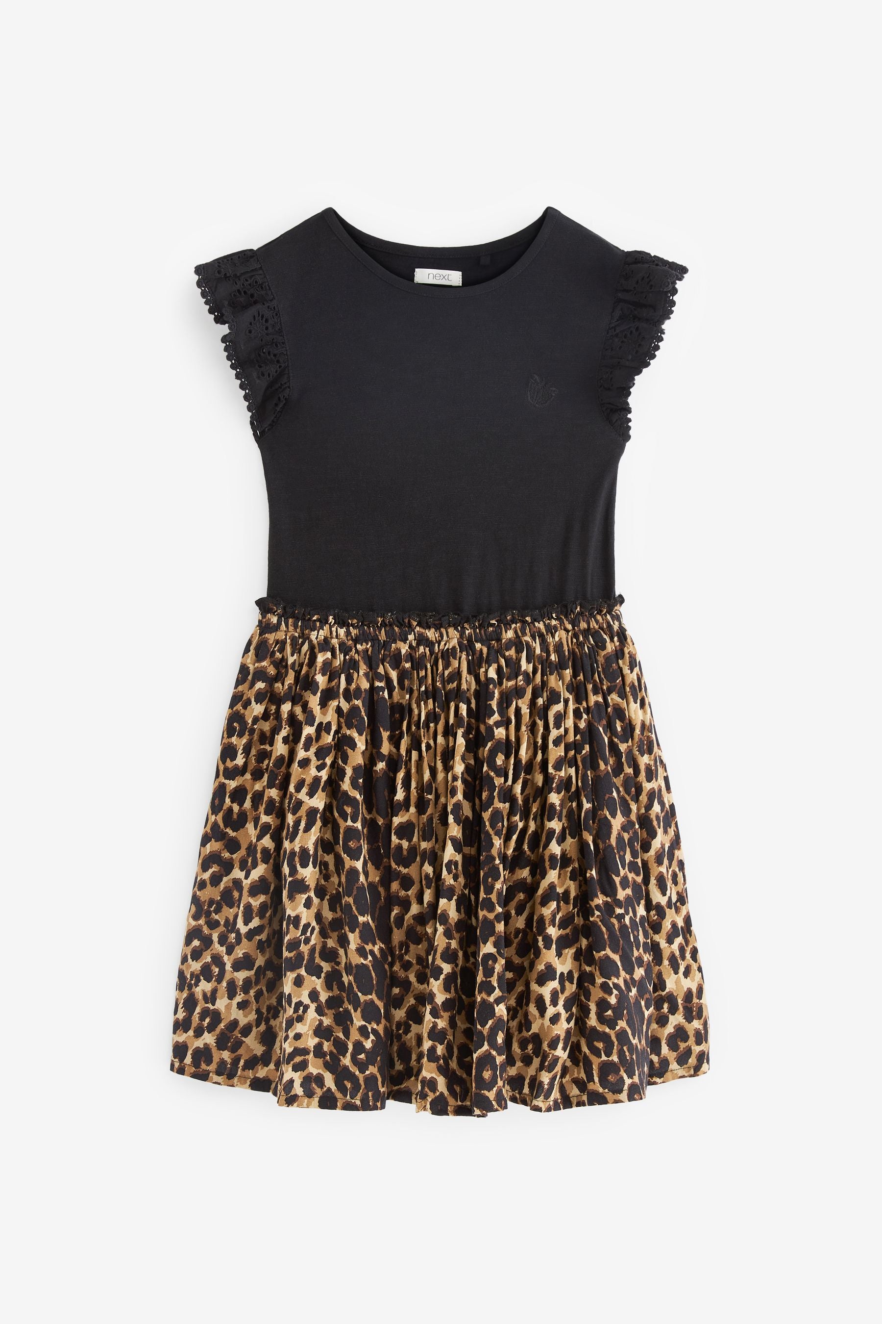 Black Leopard Print Embroidered Dress (3-12yrs)