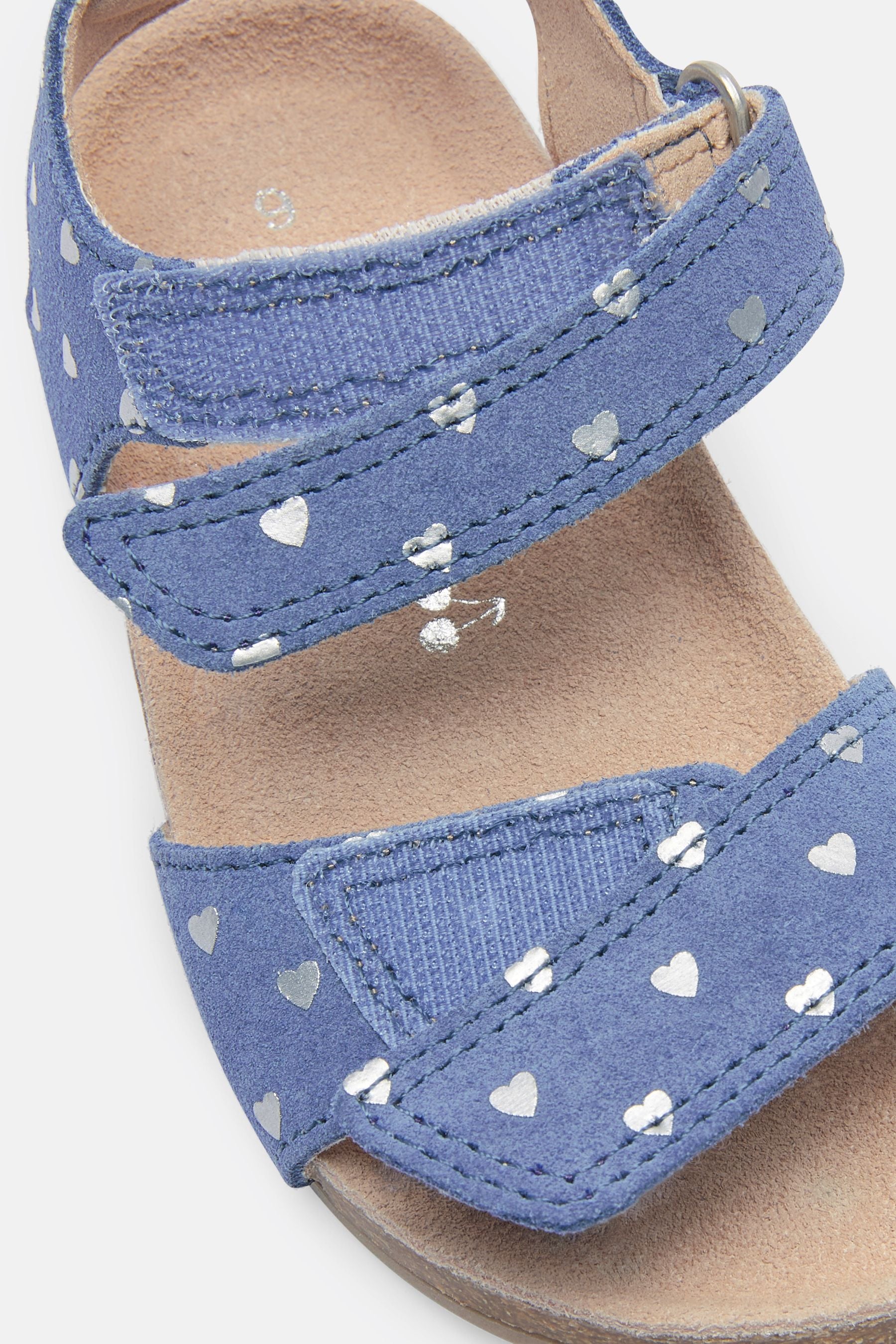 Blue Leather Heart Print Adjustable Strap Corkbed Sandals