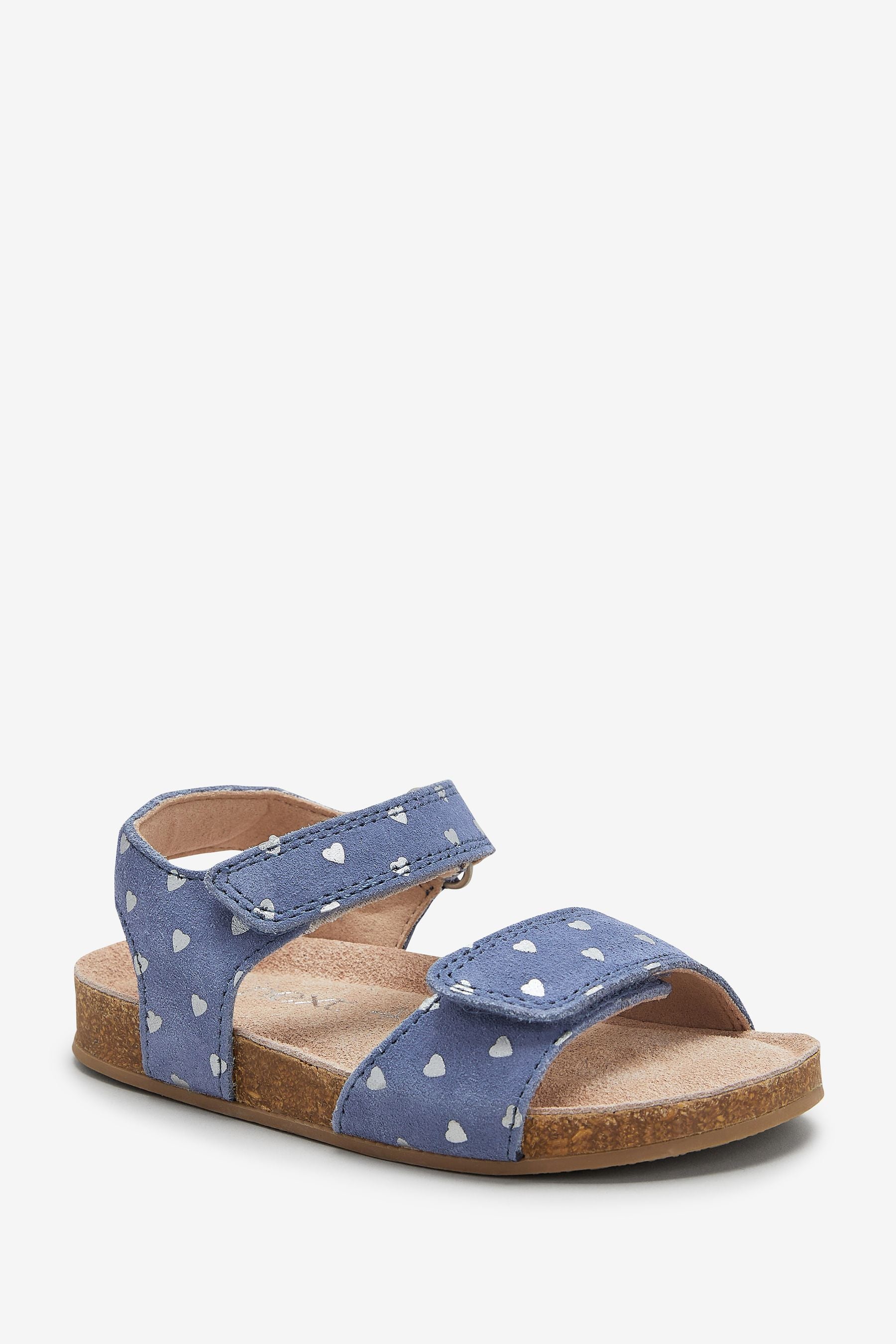 Blue Leather Heart Print Adjustable Strap Corkbed Sandals