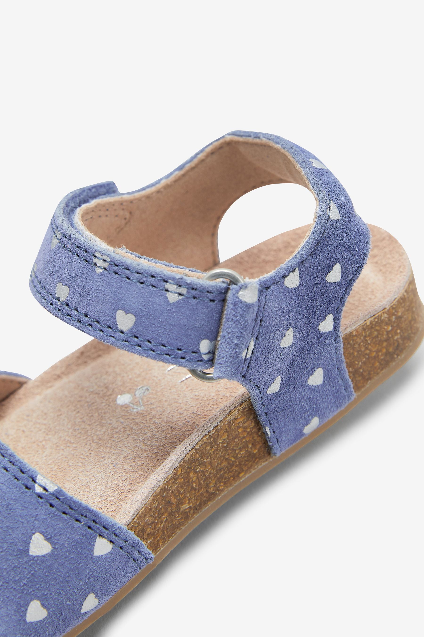 Blue Leather Heart Print Adjustable Strap Corkbed Sandals