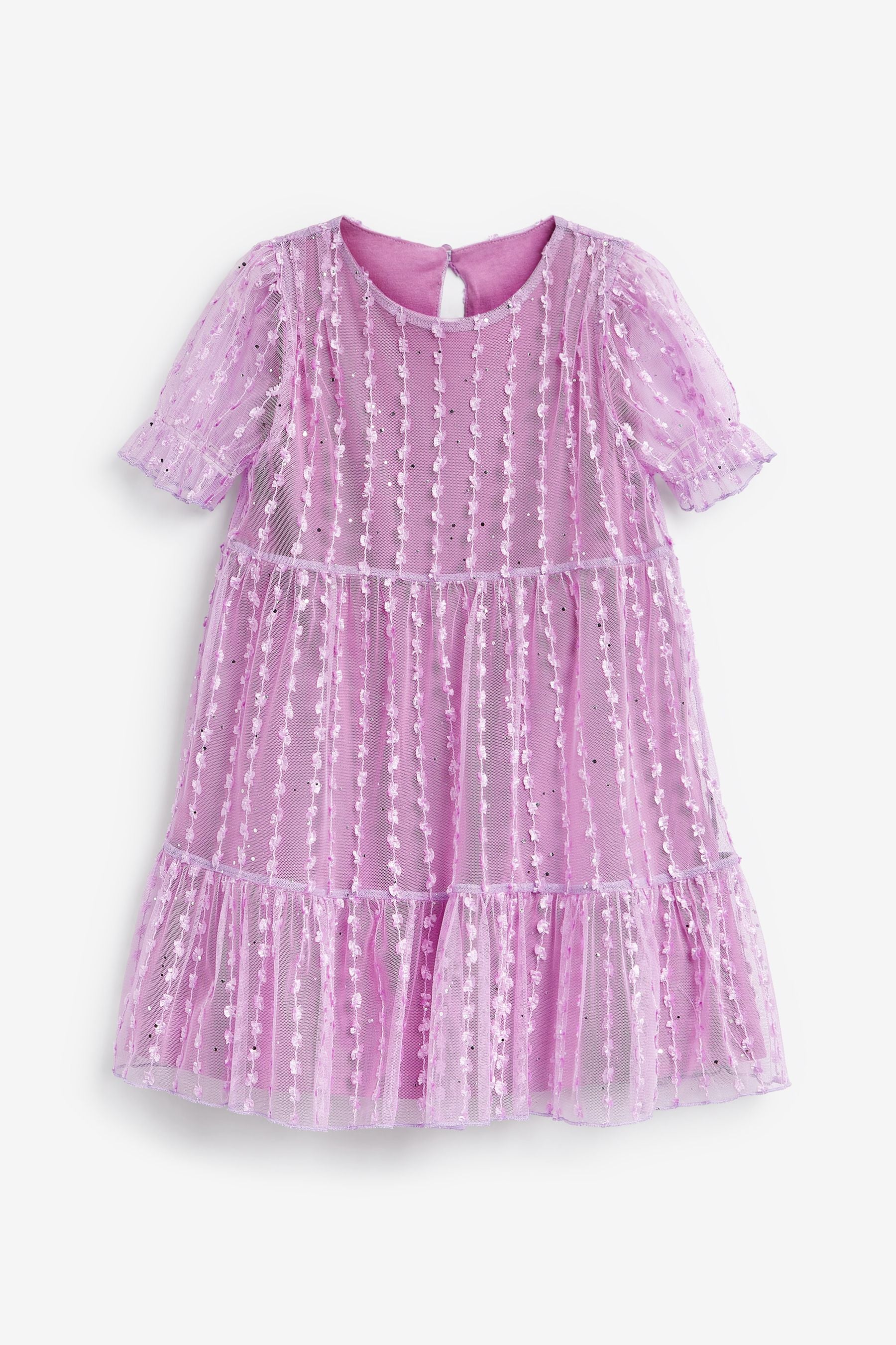 Purple Sparkle Mesh Short Sleeve Tiered Party Dress (3-16yrs)