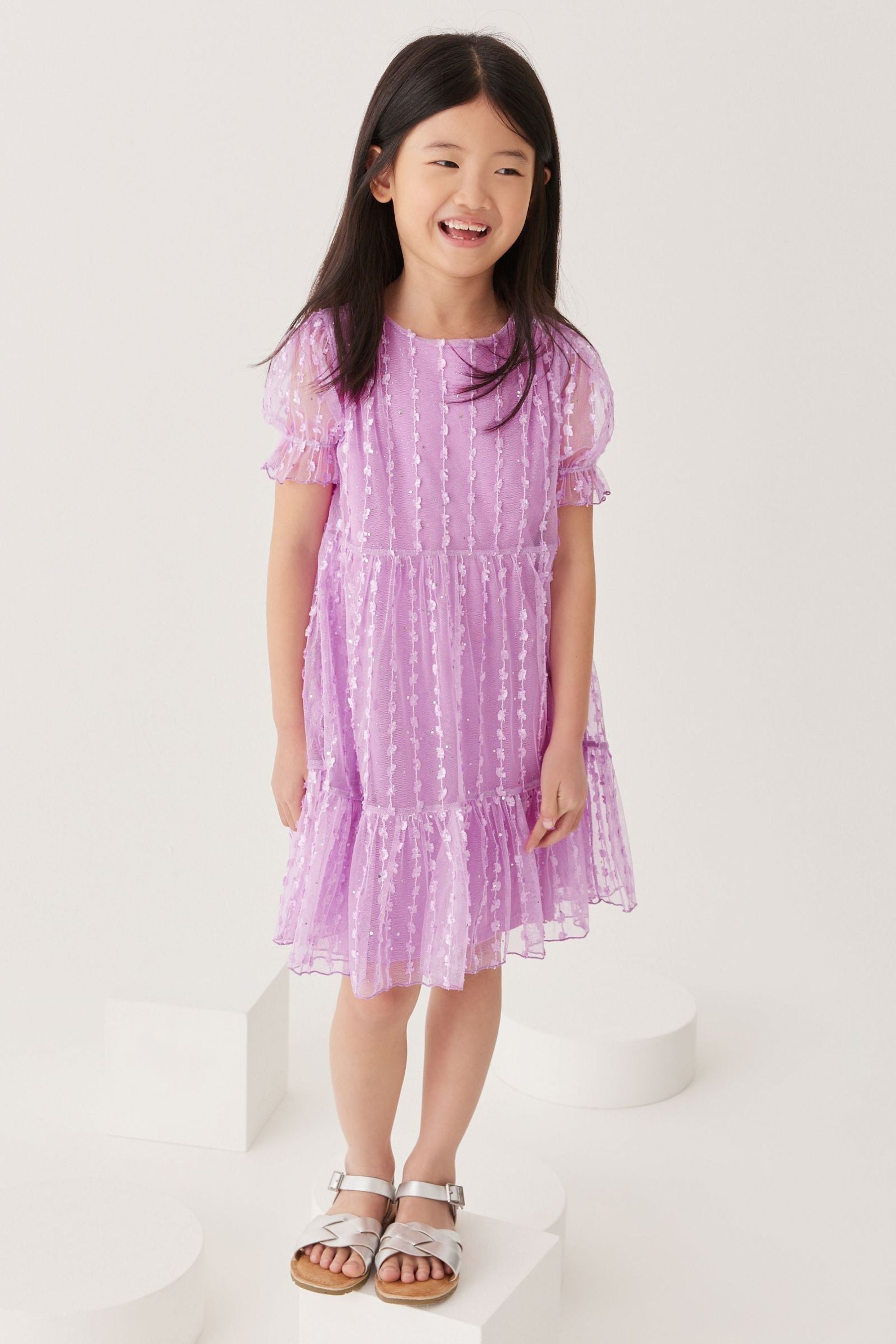 Purple Sparkle Mesh Short Sleeve Tiered Party Dress (3-16yrs)