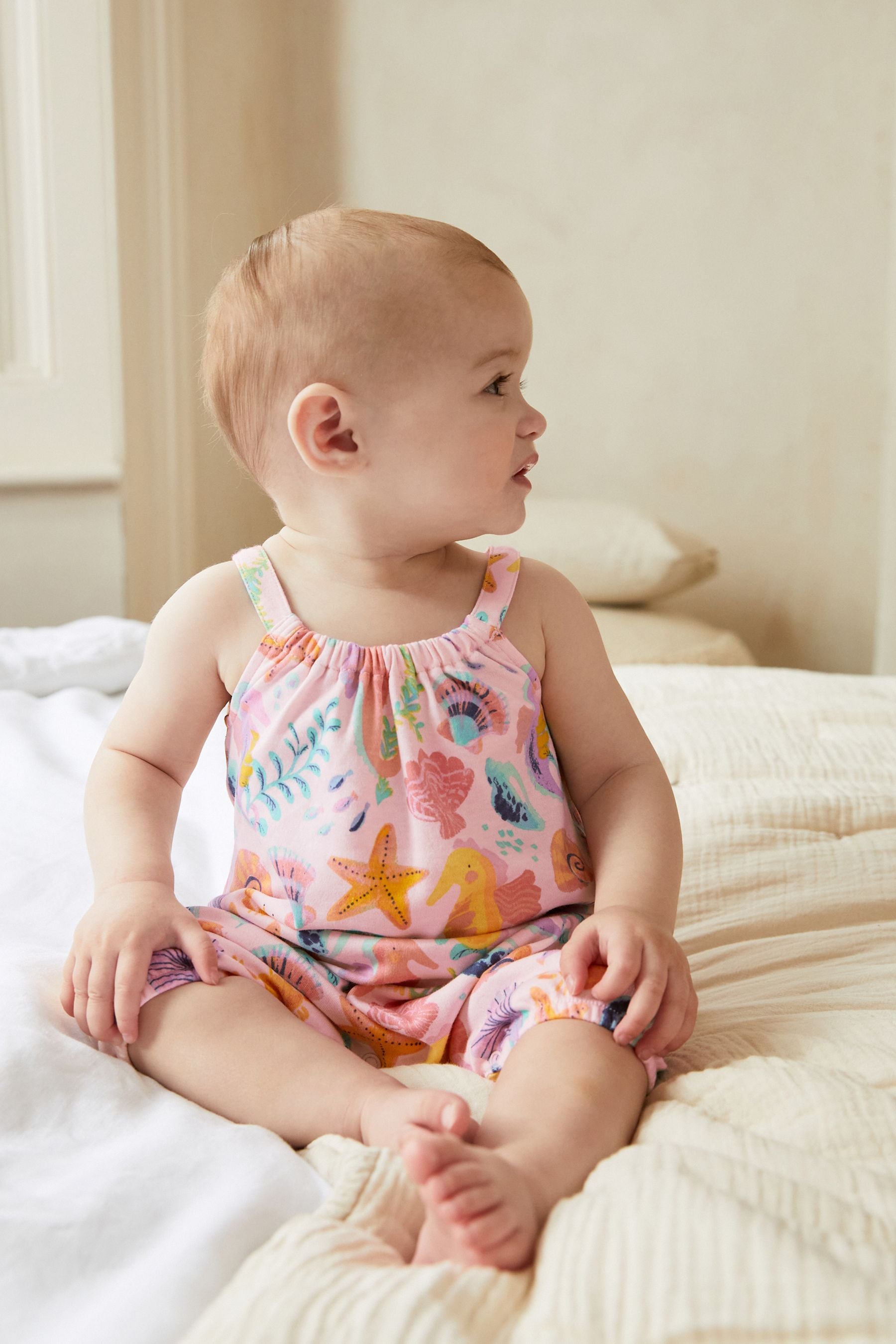 White/Pink Sealife Print Single Romper (0mths-3yrs)