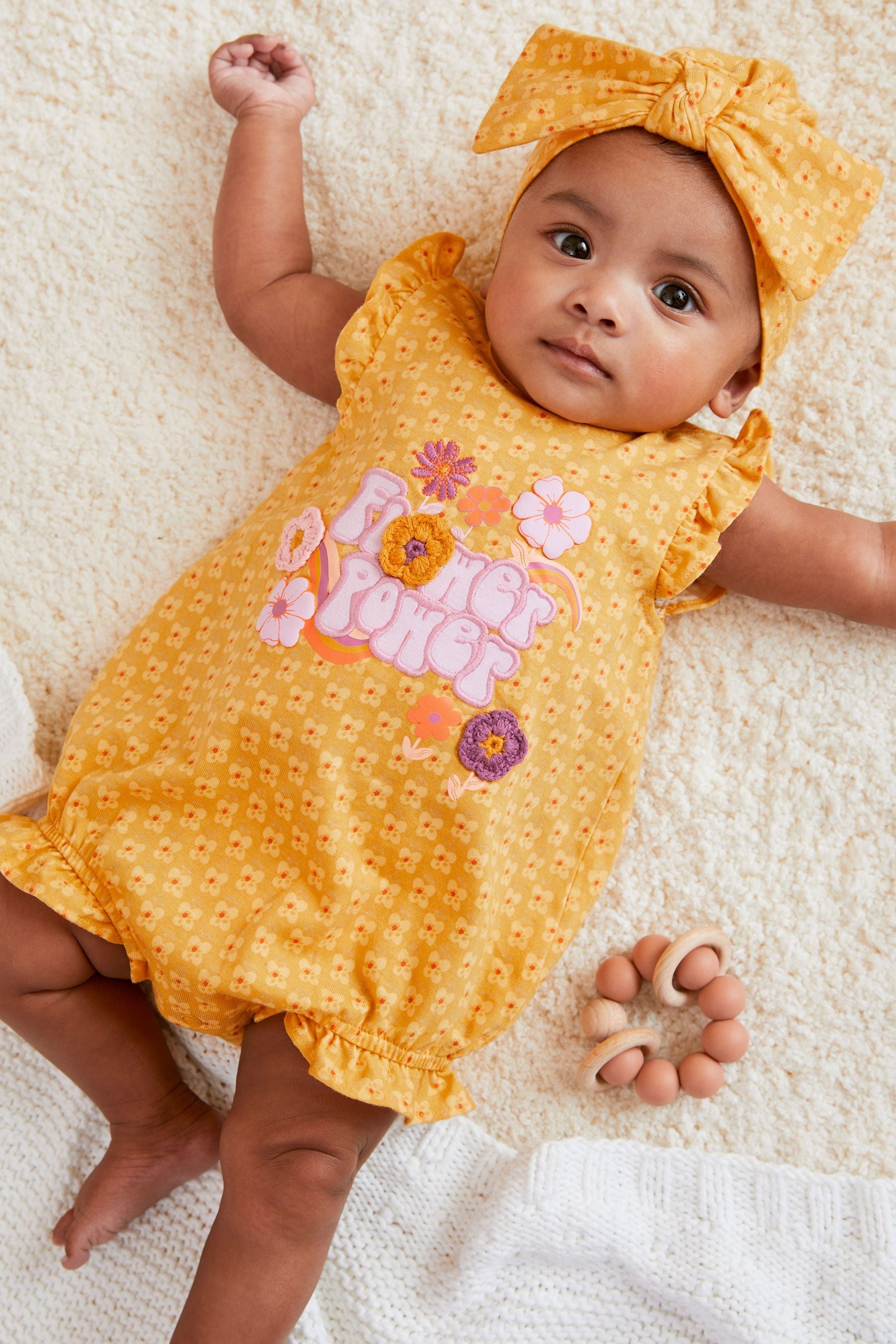 Ochre Yellow Retro Floral Print 3 Pack Rompers (0mths-3yrs)