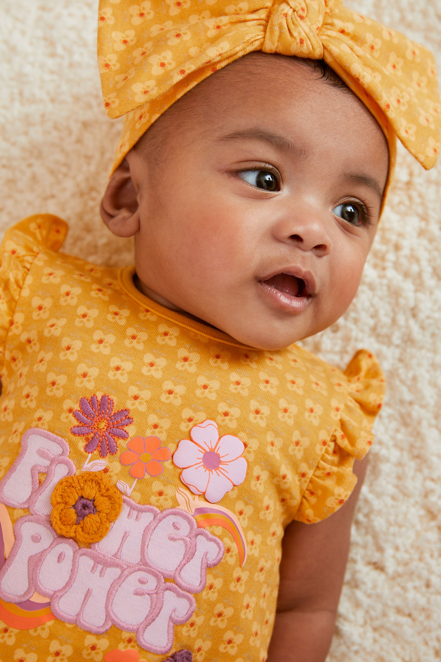 Ochre Yellow Retro Floral Print 3 Pack Rompers (0mths-3yrs)