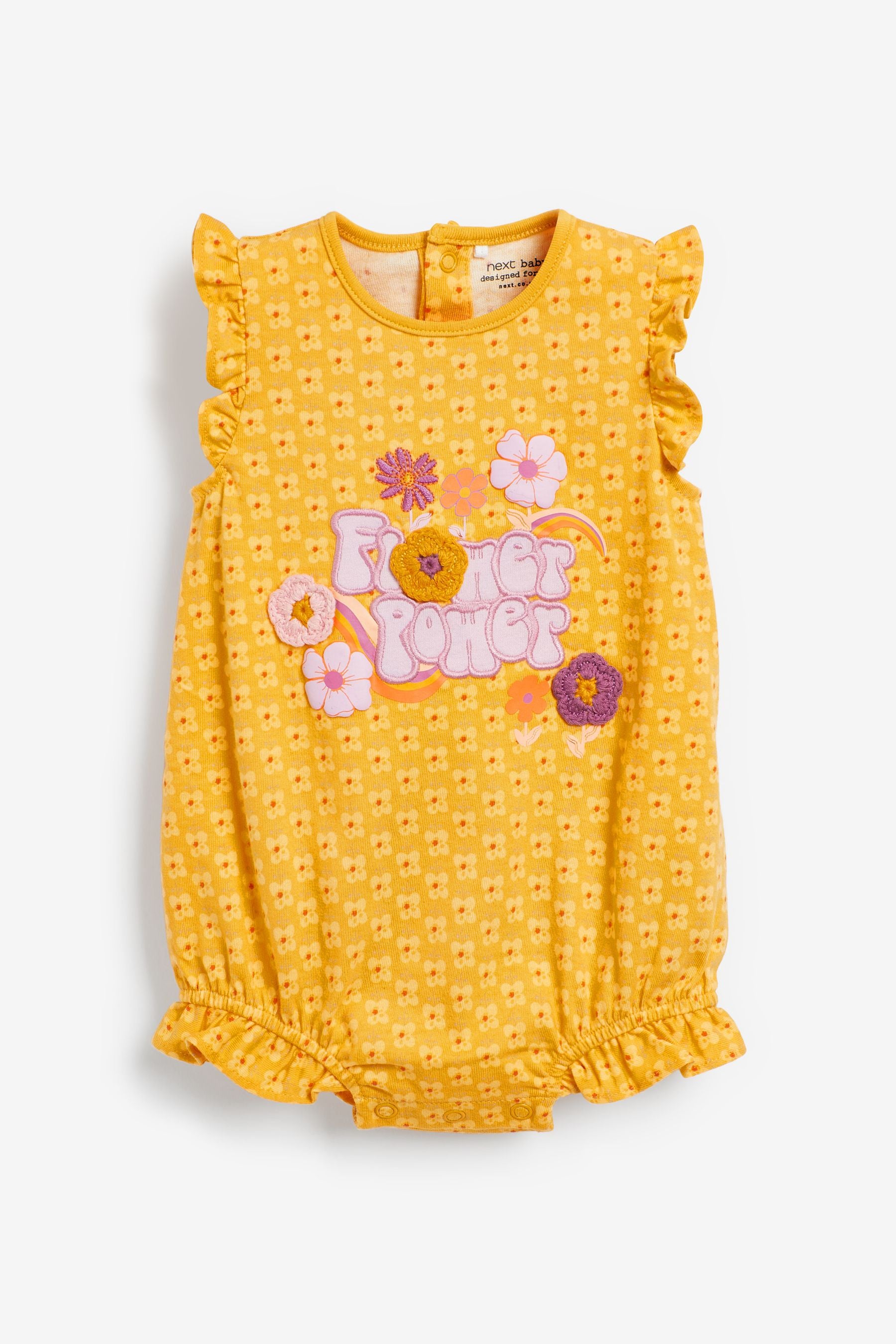 Ochre Yellow Retro Floral Print 3 Pack Rompers (0mths-3yrs)