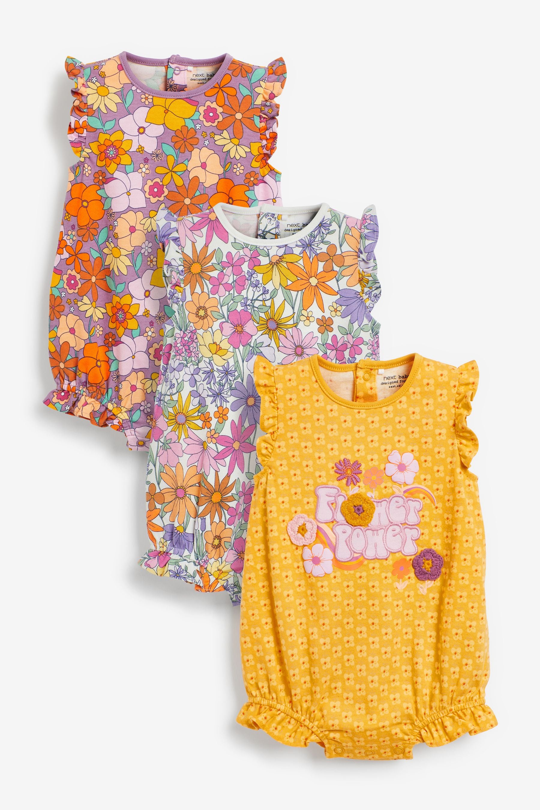 Ochre Yellow Retro Floral Print 3 Pack Rompers (0mths-3yrs)