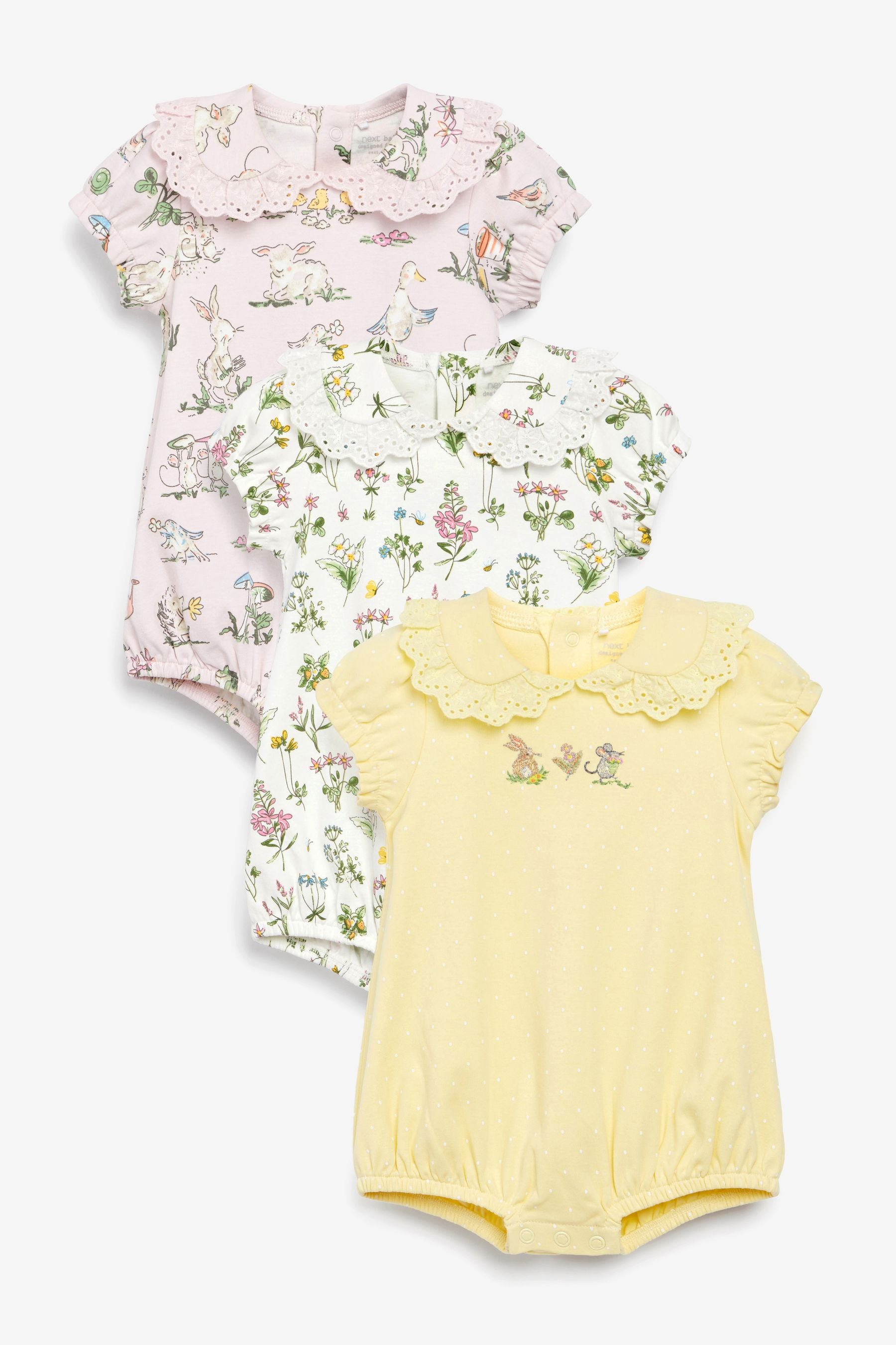 Purple/Yellow Floral Baby 3 Pack Rompers (0mths-3yrs)