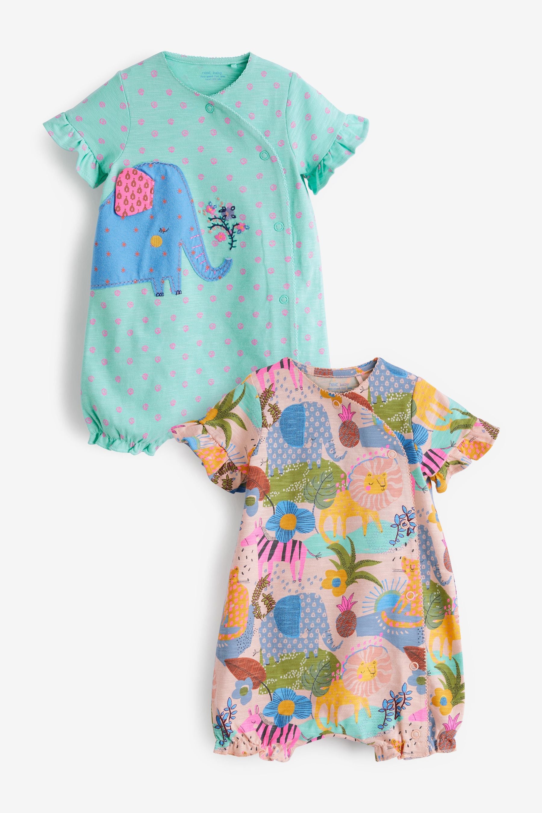 Blue/Pink Elephant Print 2 Pack Rompers (0mths-3yrs)