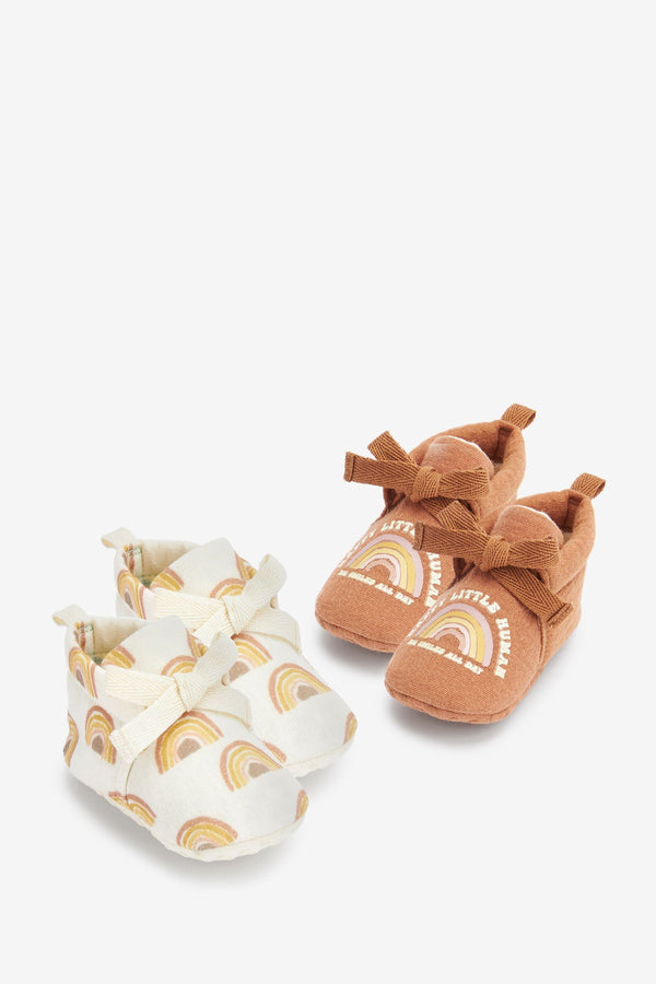 Ecru and Brown Scandi Rainbow 2 Pack Cotton Tie Baby Booties (0-18mths)