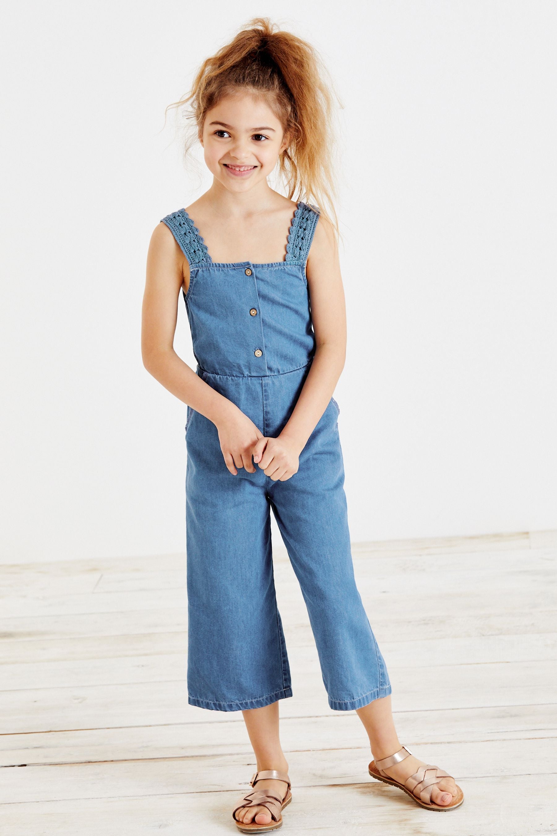 Dark Blue Denim Crochet Strap Playsuit (3-16yrs)