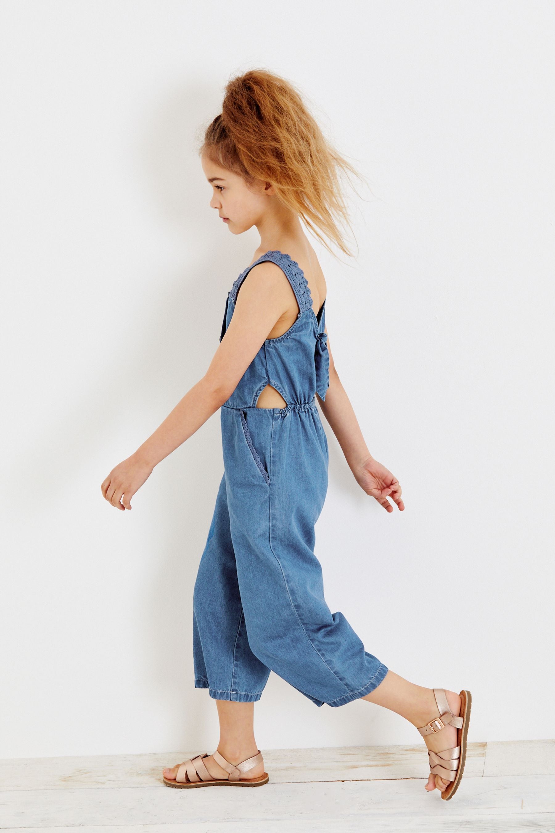 Dark Blue Denim Crochet Strap Playsuit (3-16yrs)