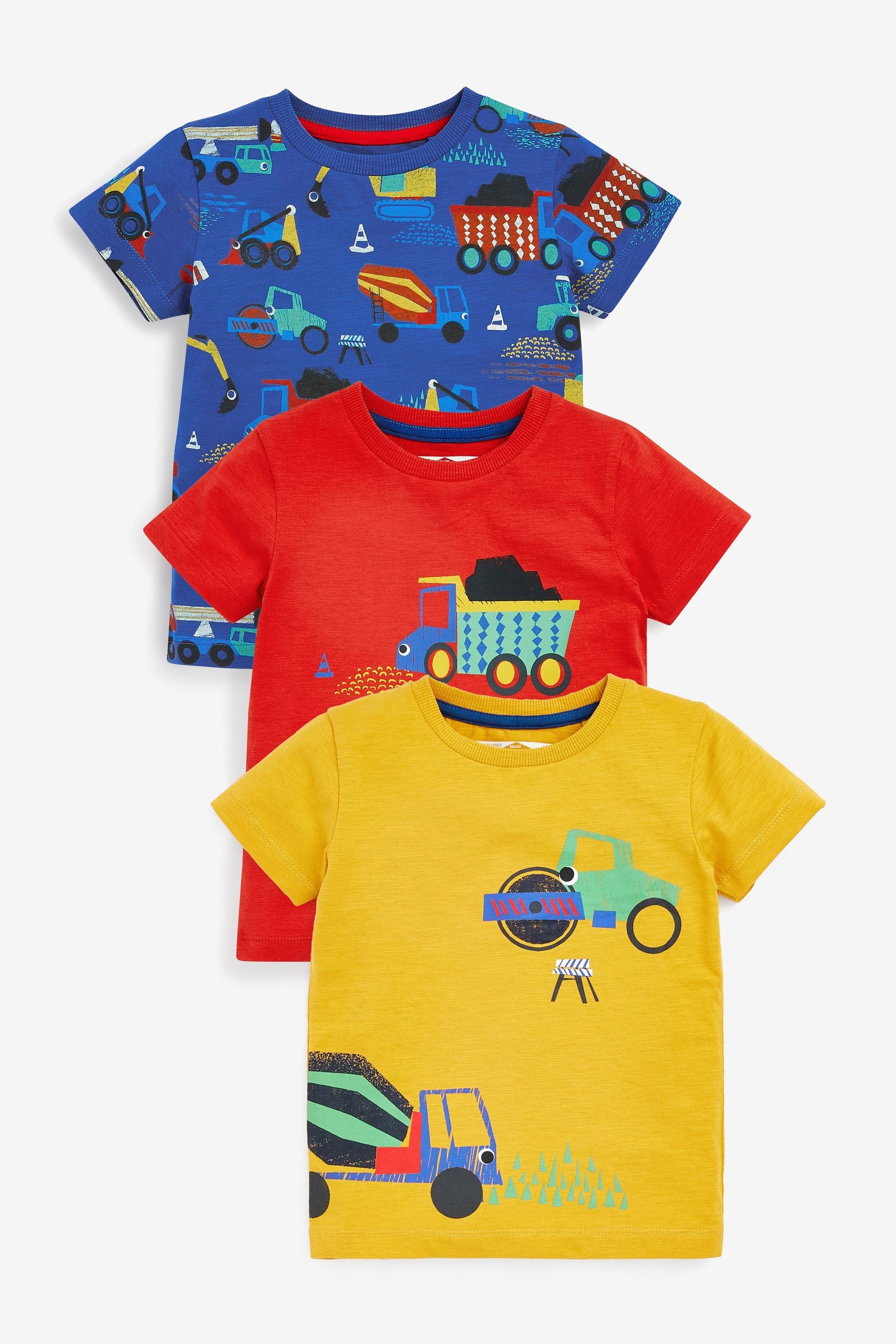 Red/Blue/Yellow Digger / trucks 3 Pack Short Sleeve T-Shirt (3mths-7yrs)