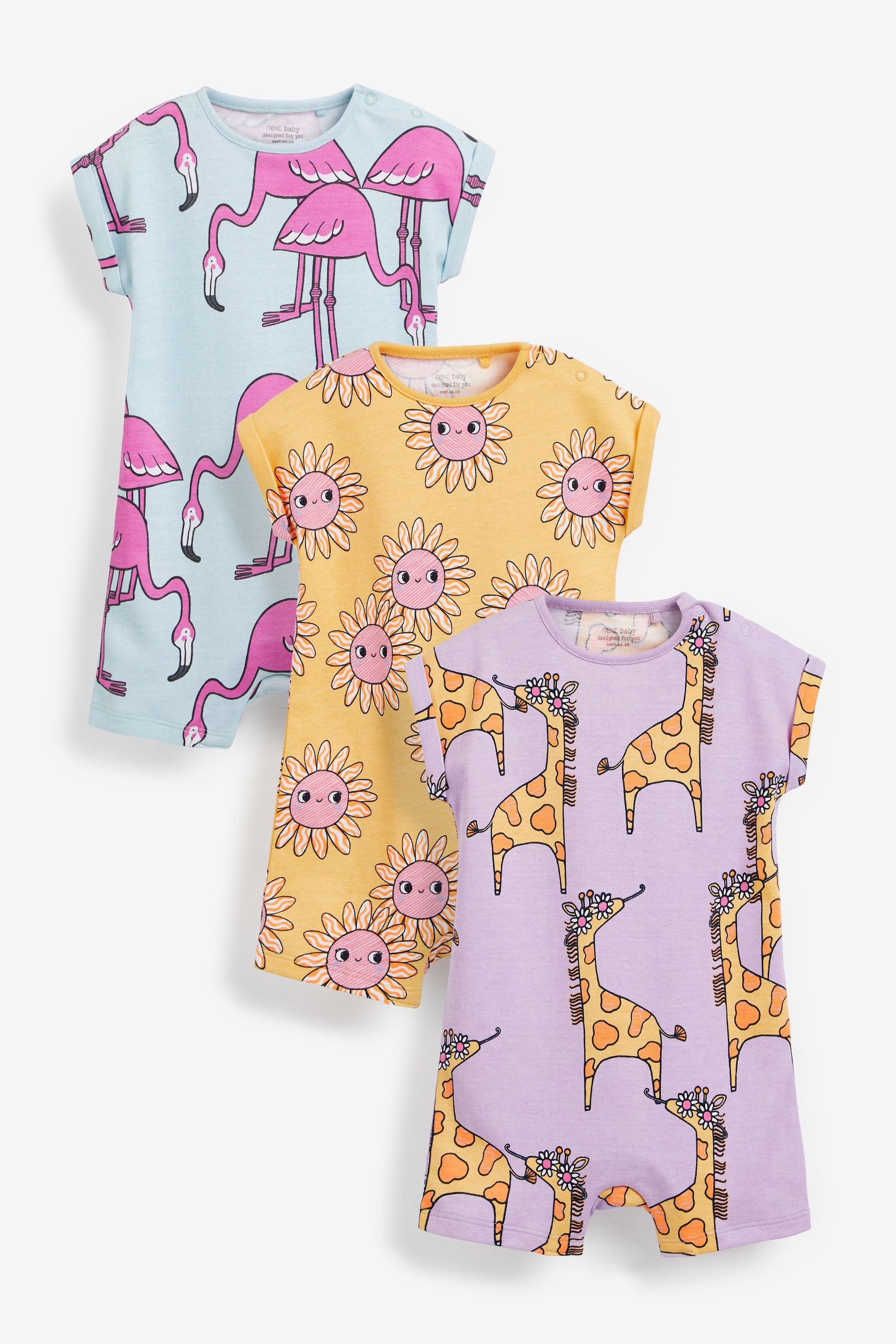 Purple/Yellow Animal 3 Pack Rompers (0mths-3yrs)