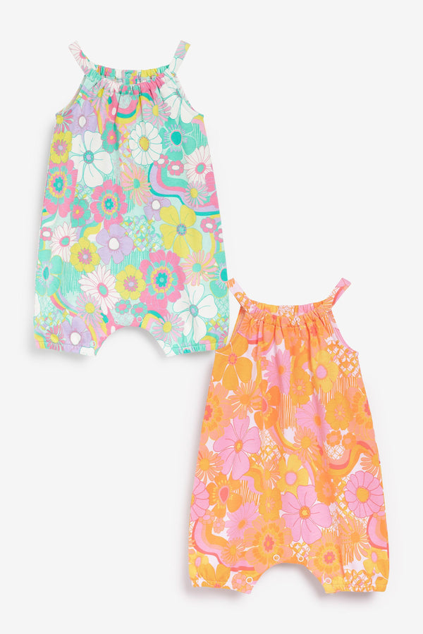 Bright Orange Retro Floral 2 Pack Rompers (0mths-3yrs)