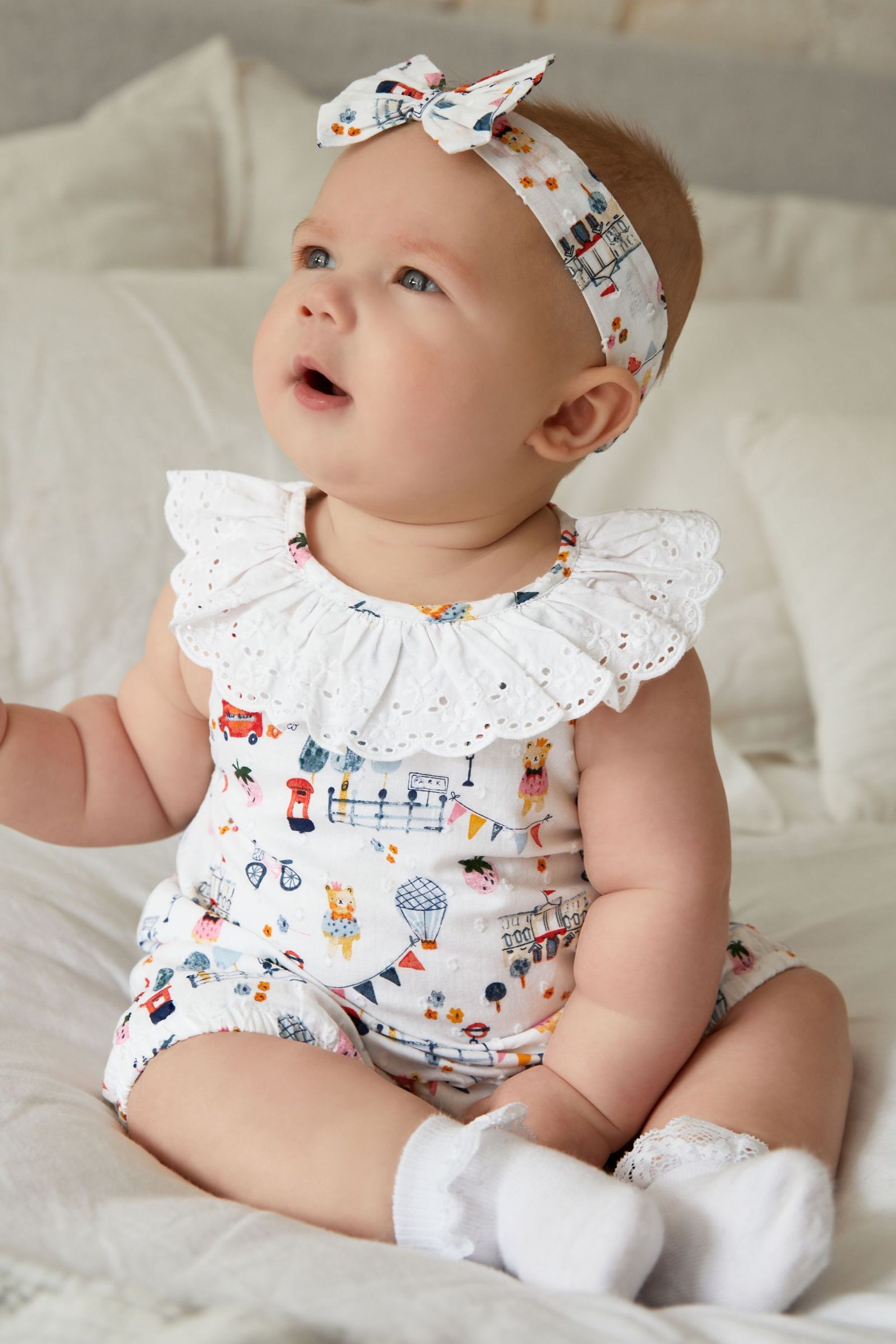 White Jubilee Baby Woven Collared Character Print Romper and Headband Set (0mths-2yrs)