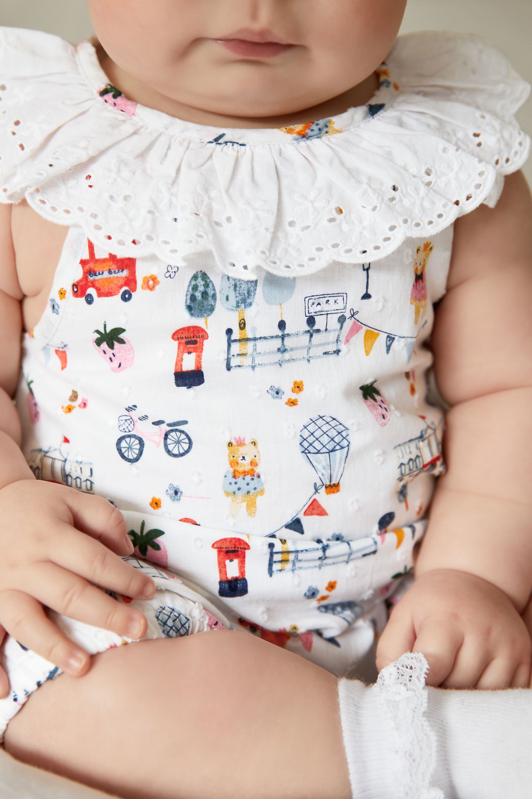 White Jubilee Baby Woven Collared Character Print Romper and Headband Set (0mths-2yrs)