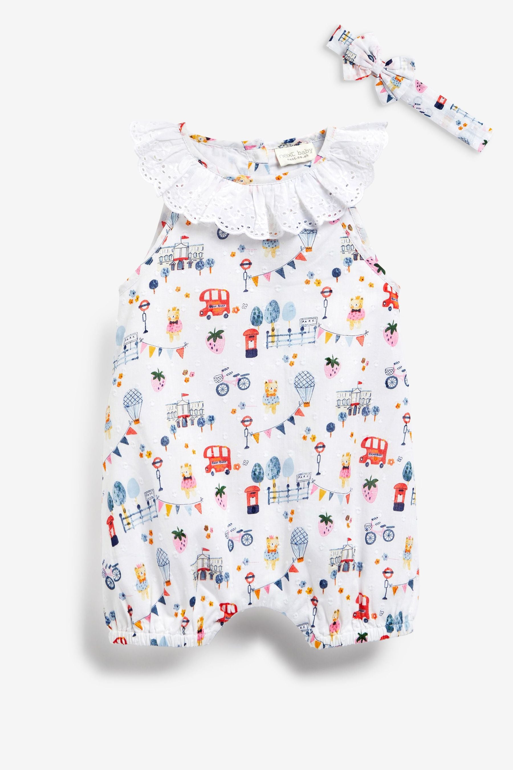 White Jubilee Baby Woven Collared Character Print Romper and Headband Set (0mths-2yrs)