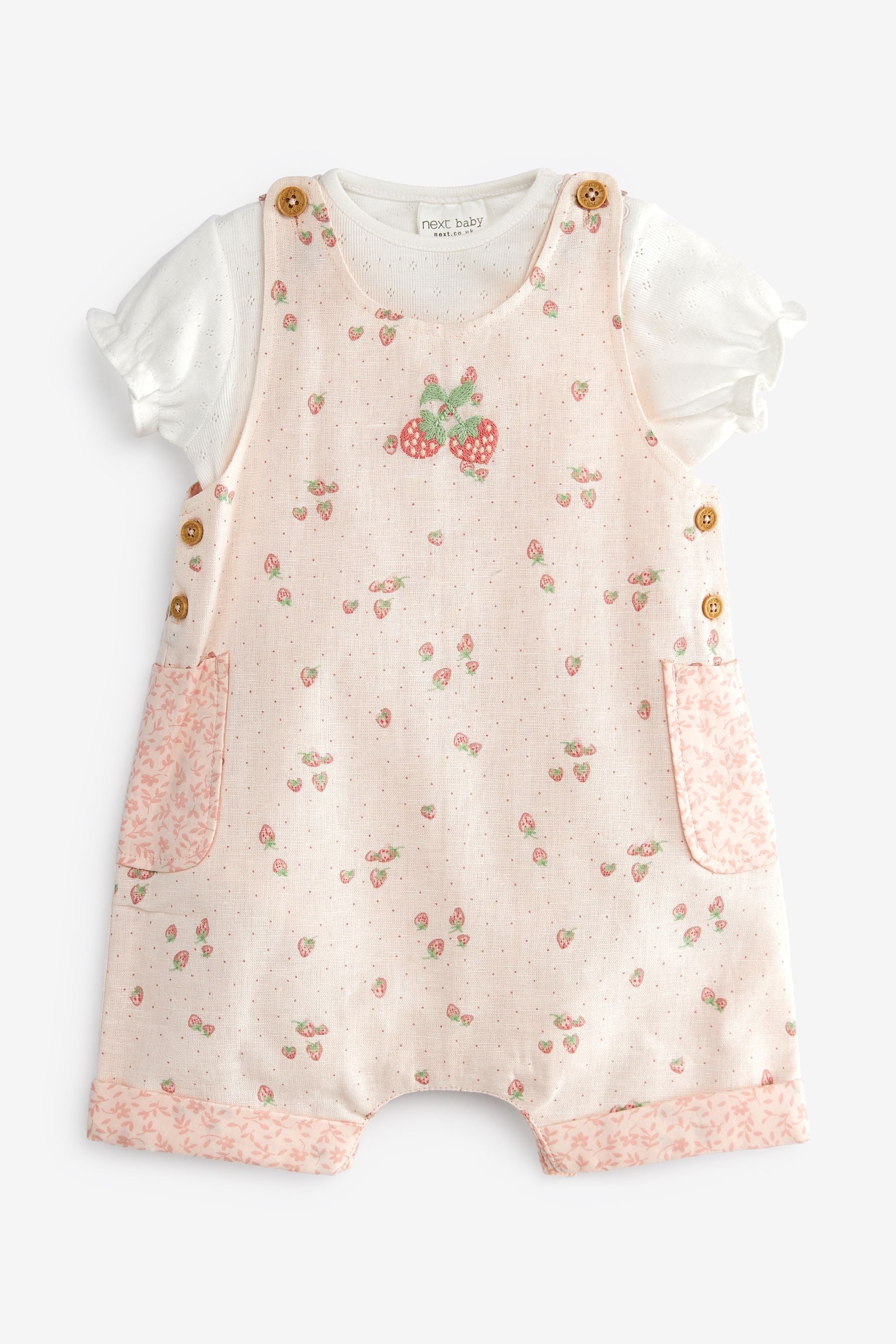 Pink and White Strawberry Baby 2 Piece Dungarees And Bodysuit Set (0mths-2yrs)