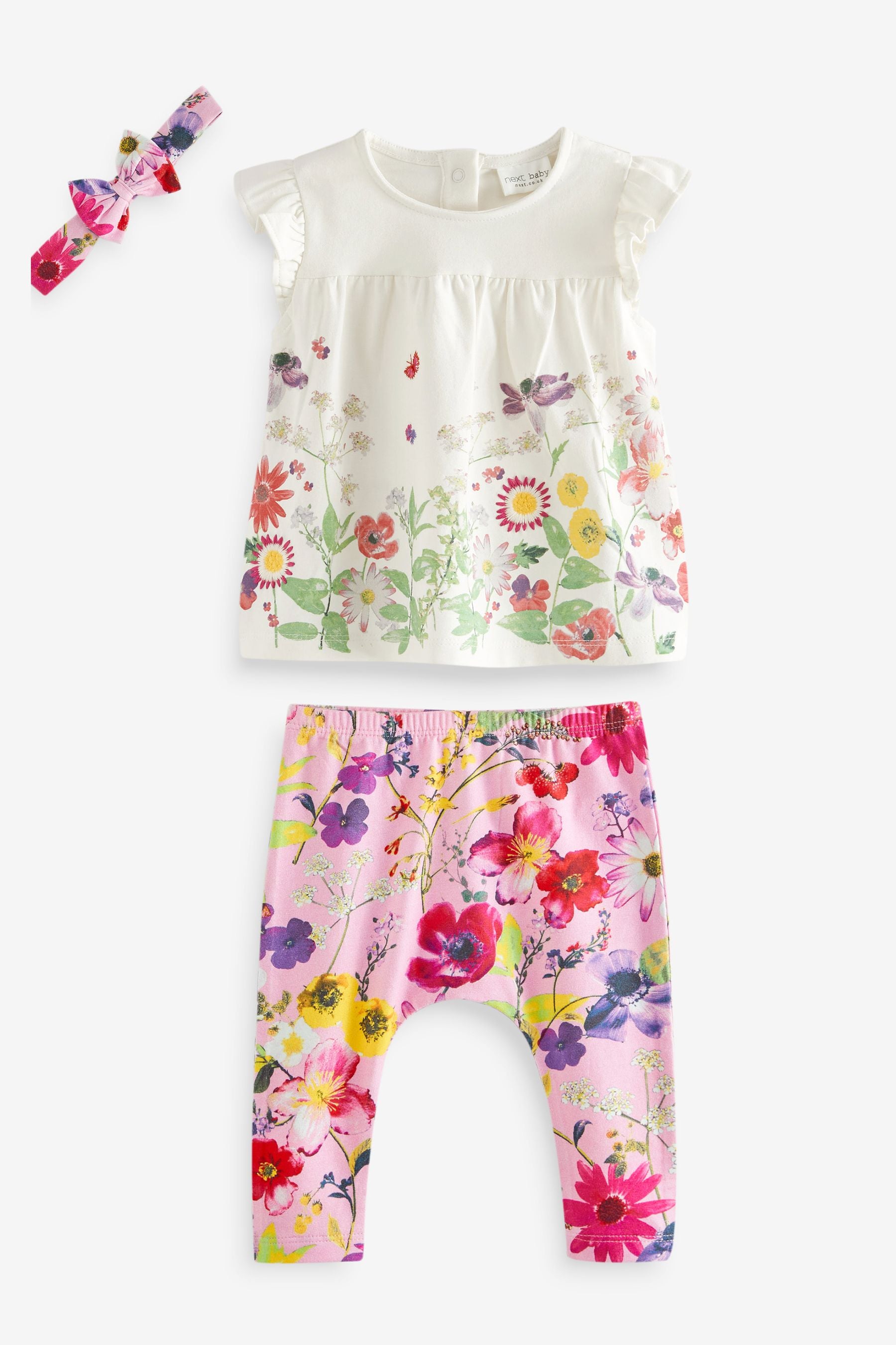 Bright Pink Floral Baby T-Shirt, Leggings And Headband Set (0mths-3yrs)