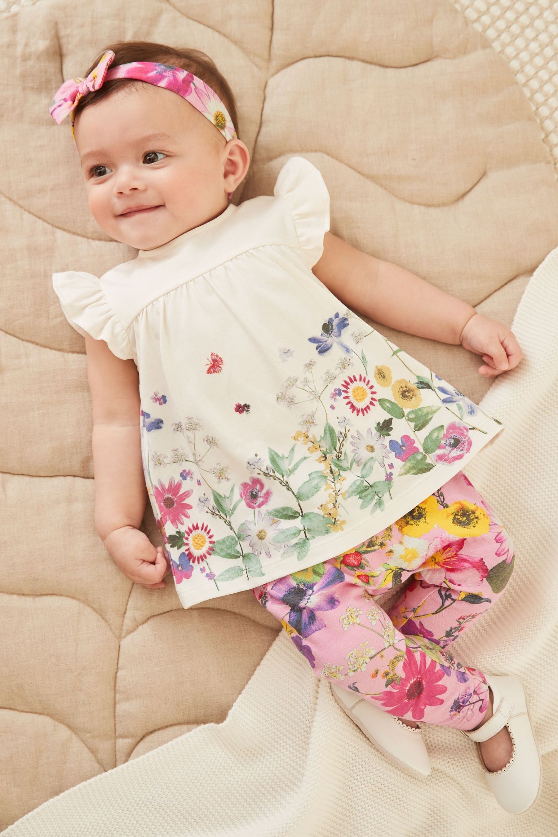 Bright Pink Floral Baby T-Shirt, Leggings And Headband Set (0mths-3yrs)