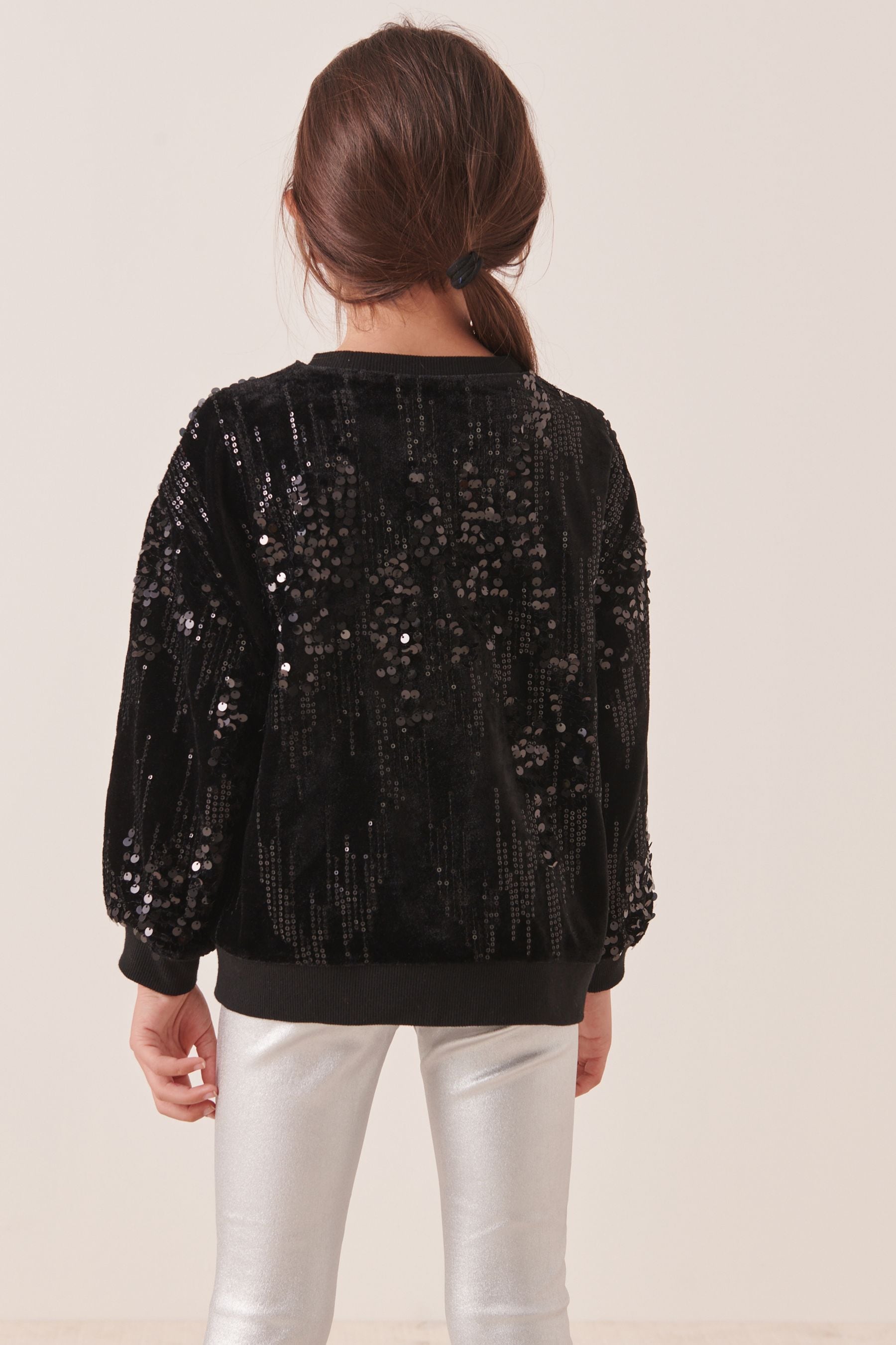 Black/Silver Sequin Sequin Crew Sweatshirt Top (3-16yrs)