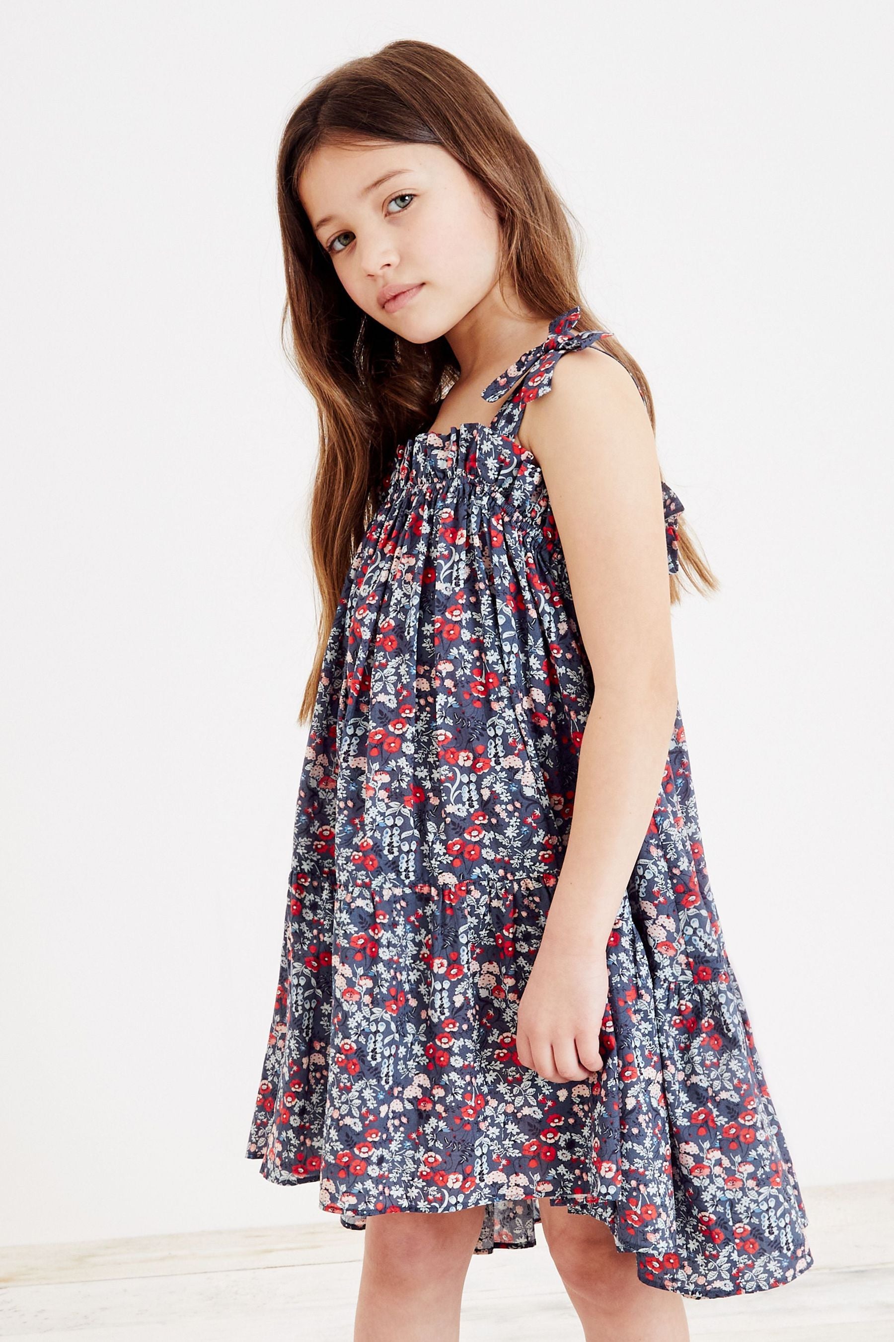 Navy Blue Ditsy Tie Shoulder Dress (3-16yrs)