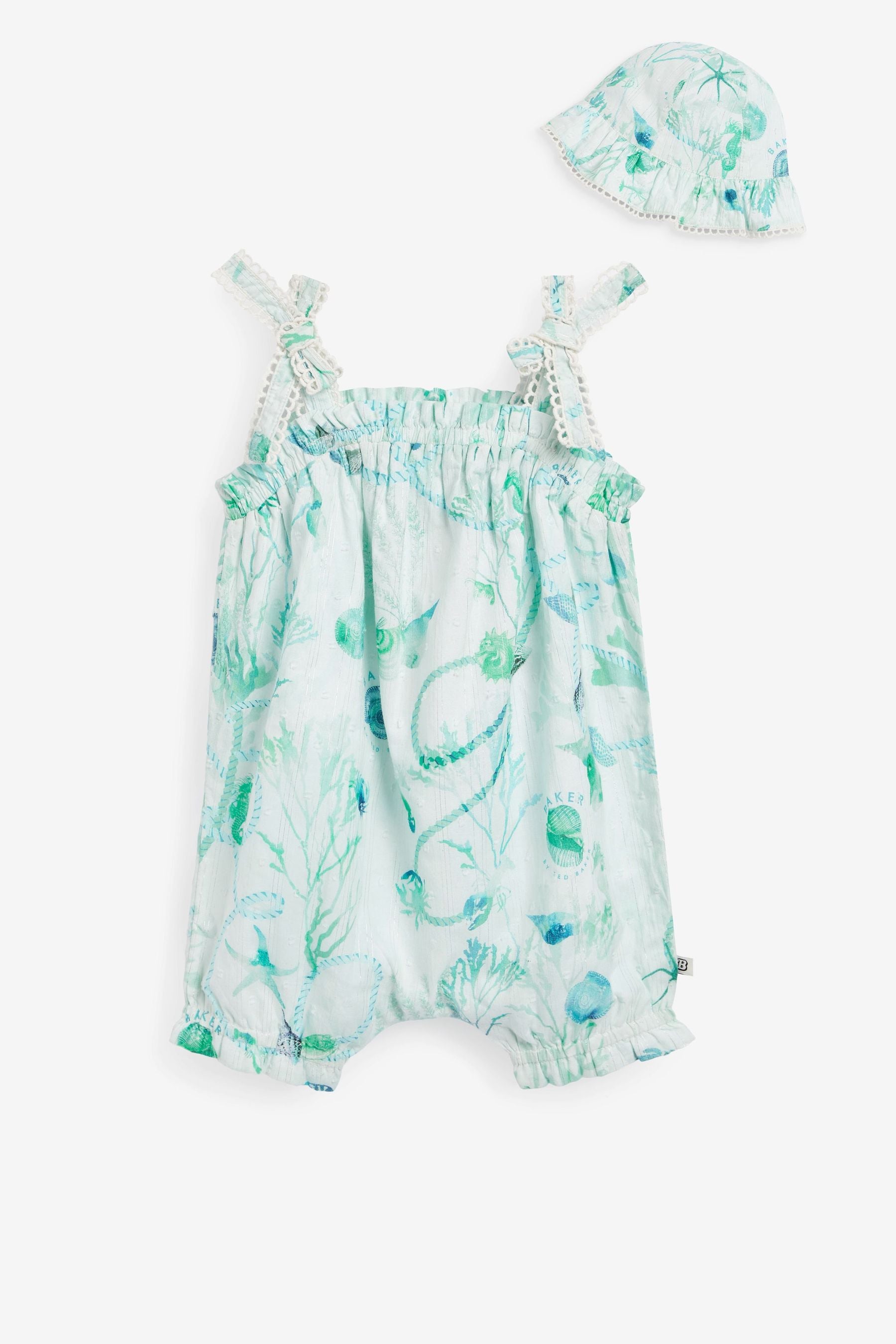 Baker by Ted Baker Aqua Blue Printed Romper and Hat Set