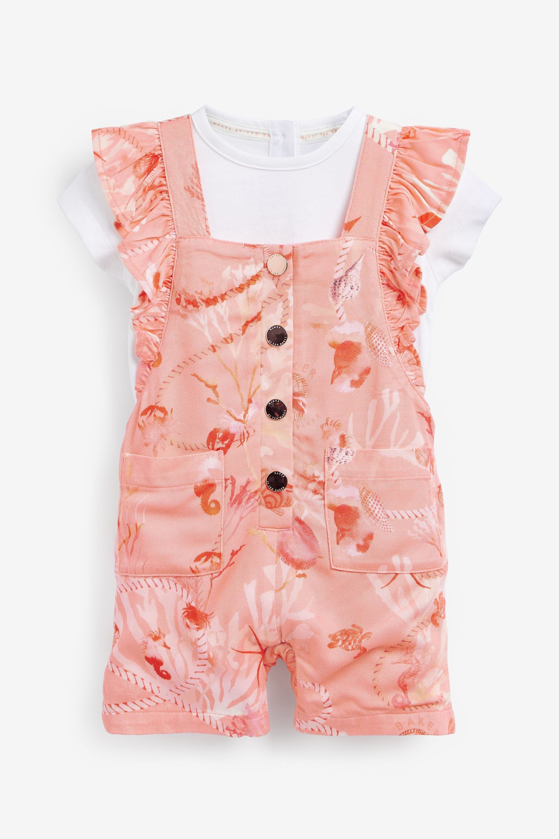 Coral Pink Baker by Ted Baker Coral Pink Shell Print Dungaree Set