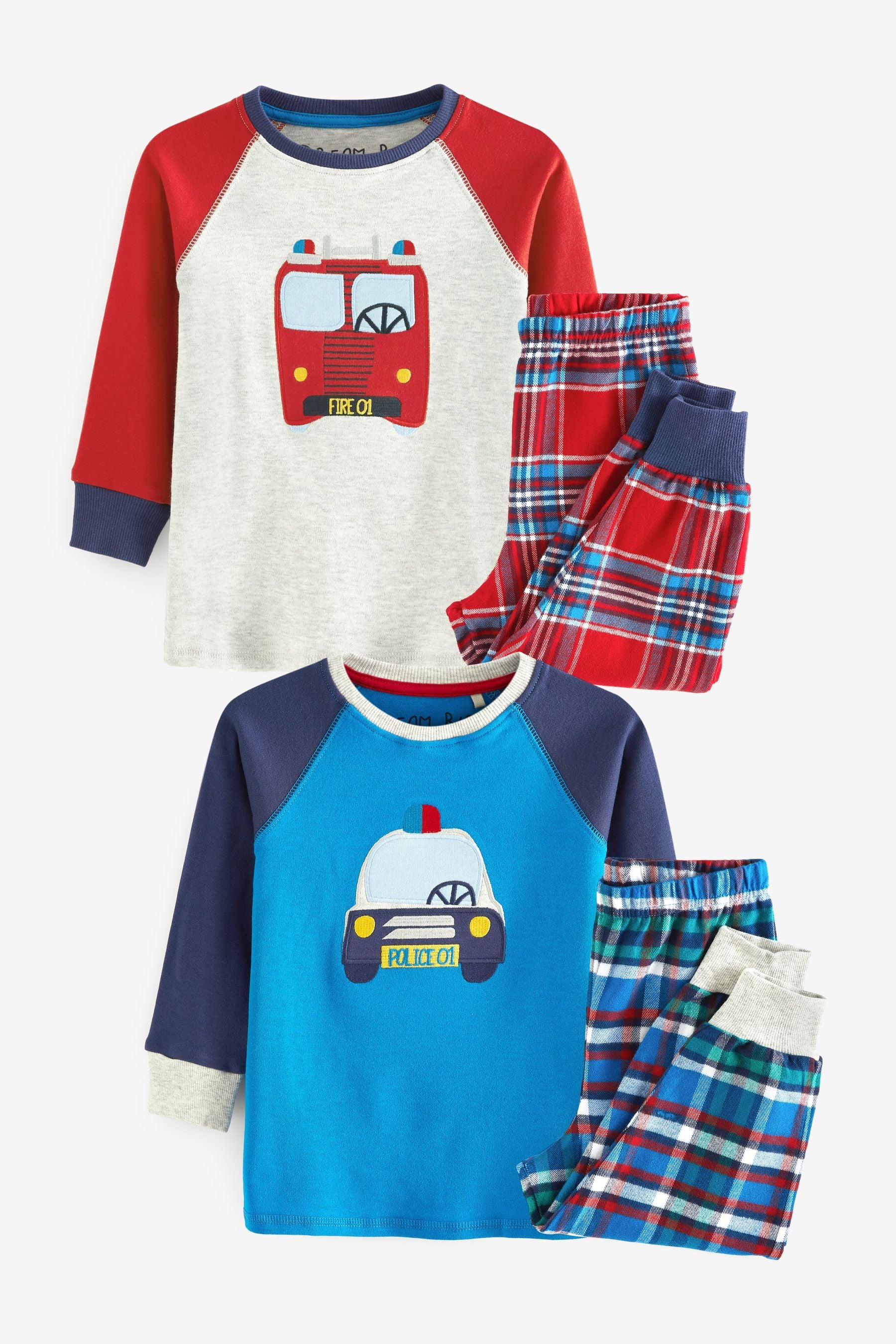 Red/ Blue Emergency Vehicle 2 Pack Check Pyjamas (9mths-10yrs)