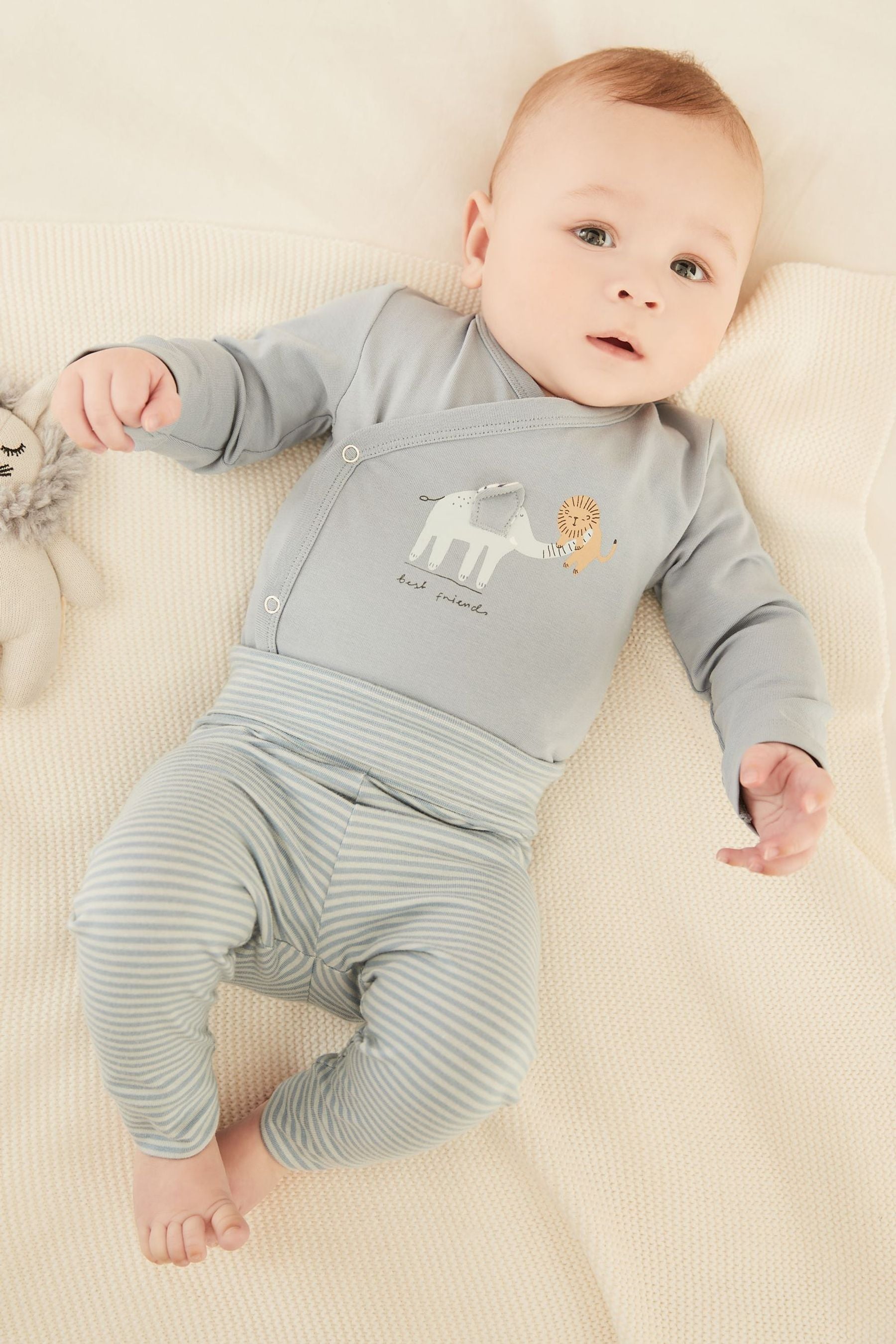 Blue/Beige Cream Animal Baby 4 Pack Wrap Bodysuits And Leggings Set (0mths-2yrs)