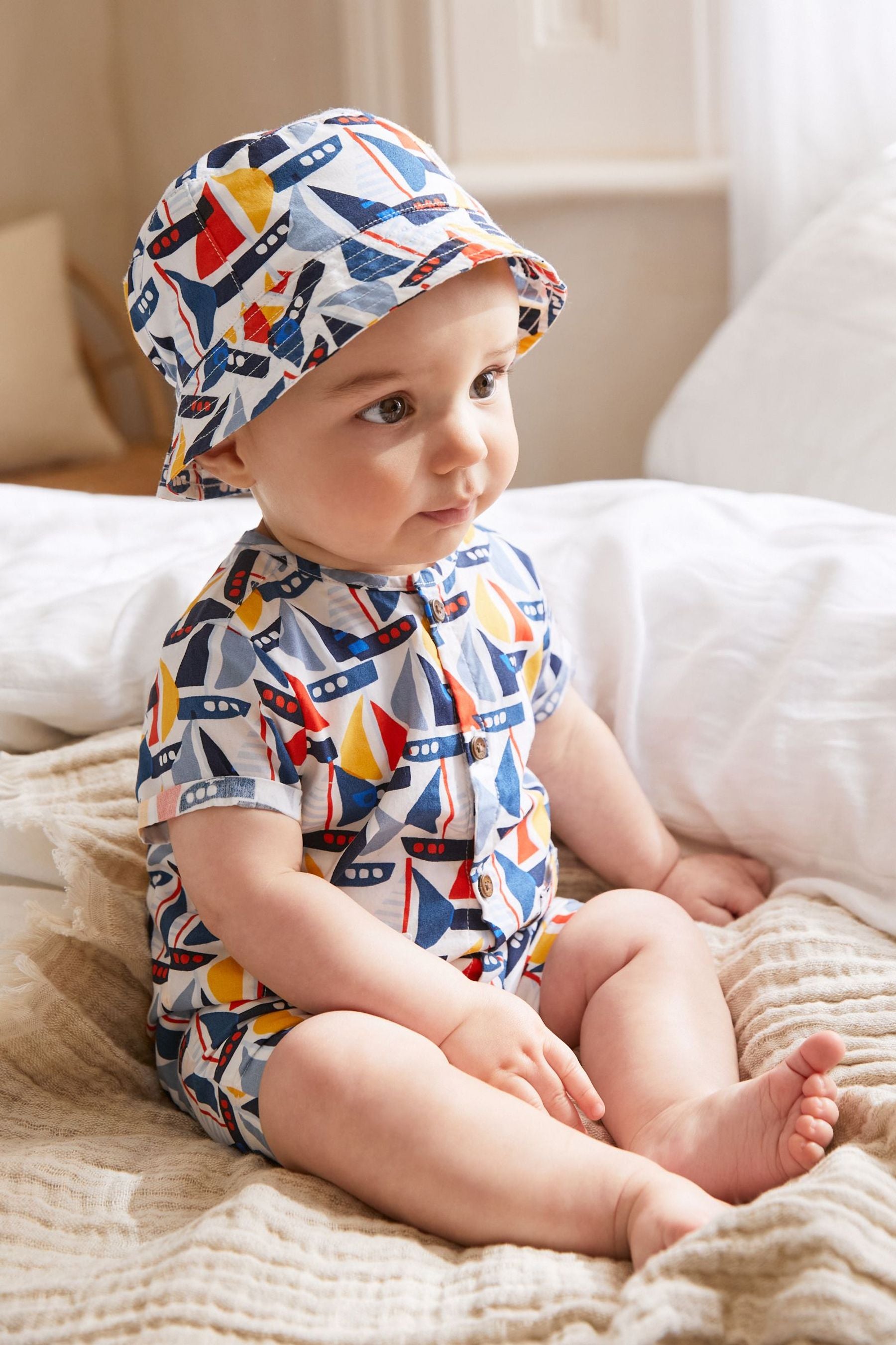 Blue Geometric Boat Baby Romper with Bucket Hat Set (0mths-2yrs)