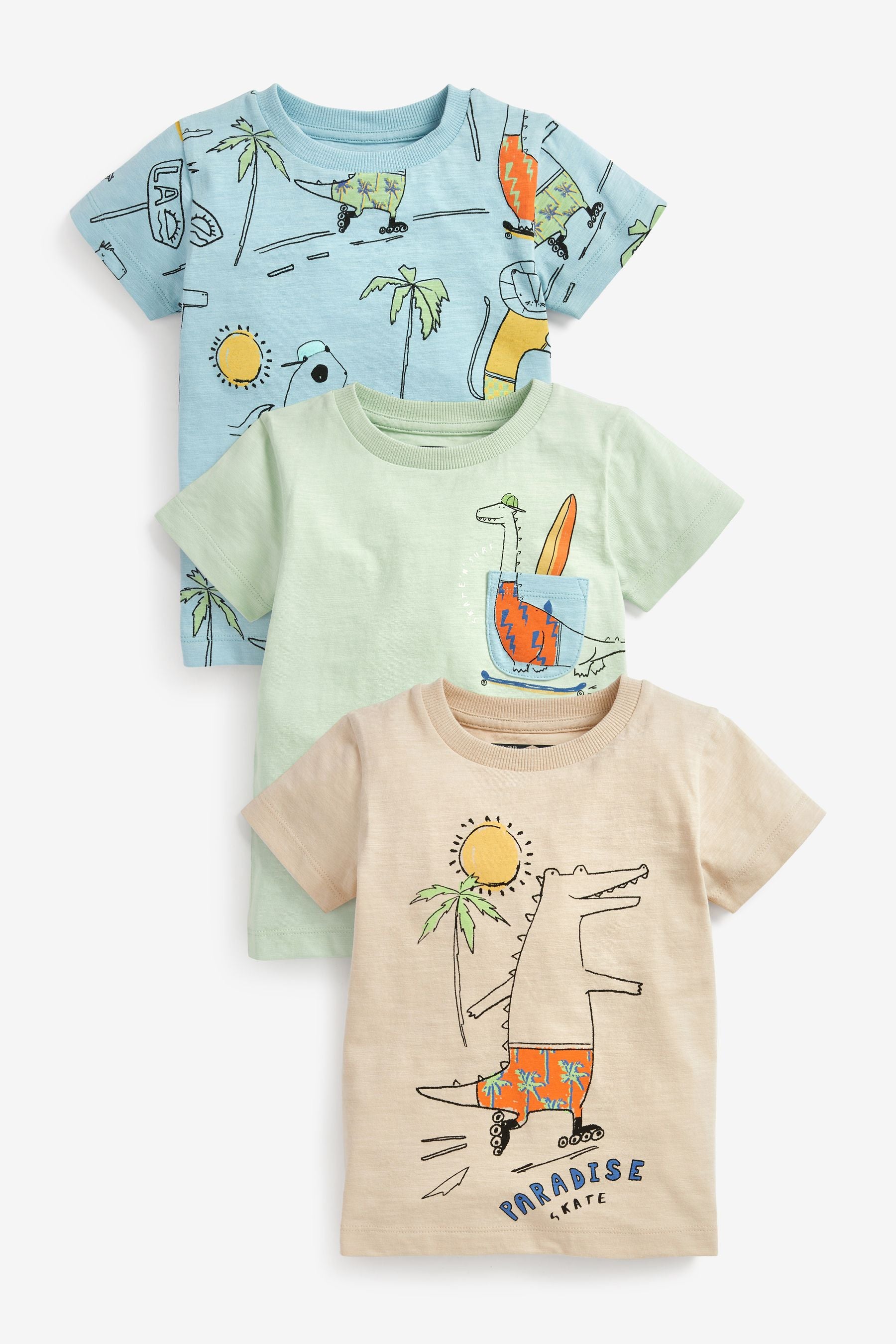 Blue/Green Summer Dinosaur Short Sleeve T-Shirts 3 Pack (3mths-7yrs)