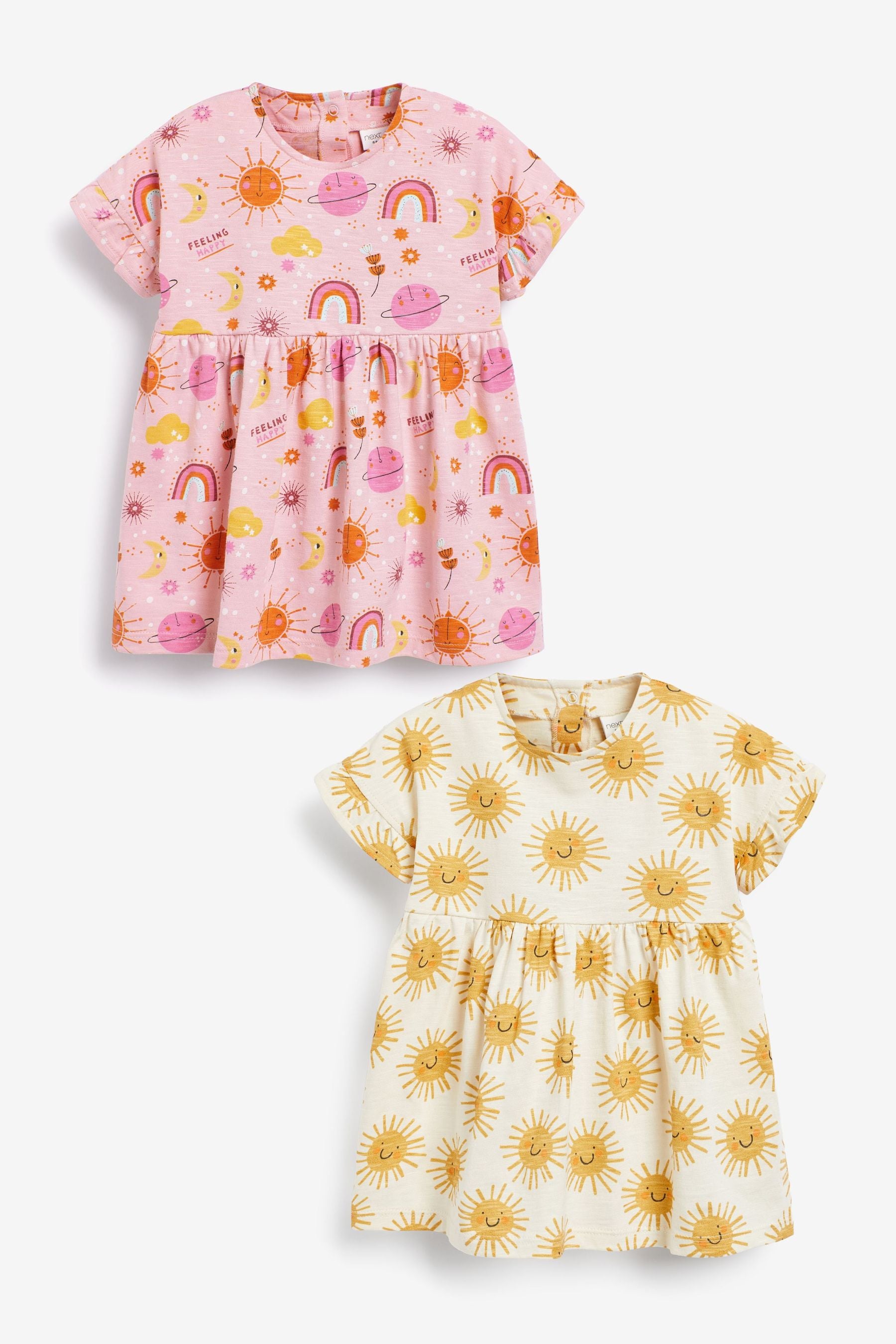 Pink Cosmic Print 2 Pack Short Sleeved Floral Baby Dresses (0mths-3yrs)