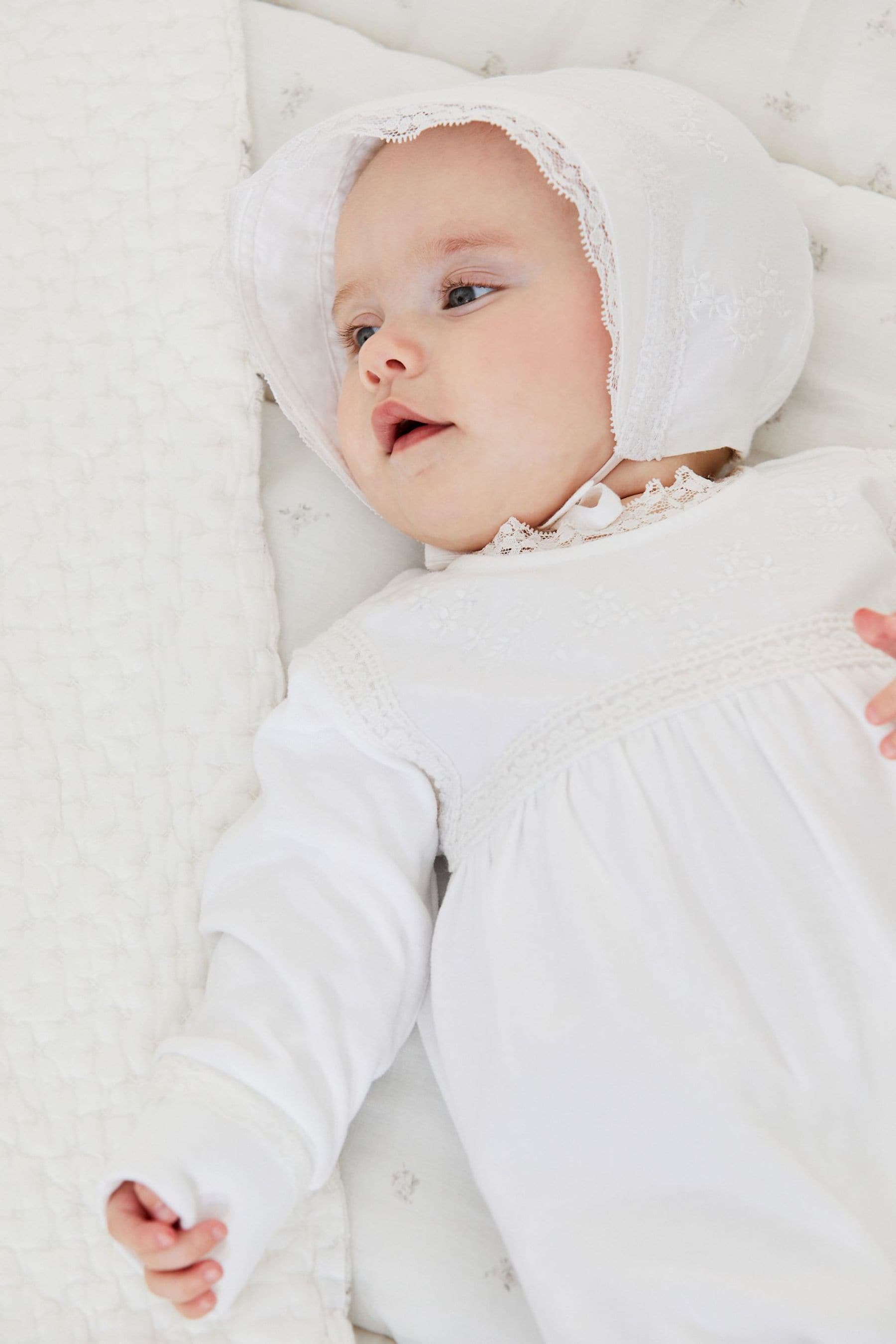 White Embroidered Occasion Baby Bonnet (0-18mths)