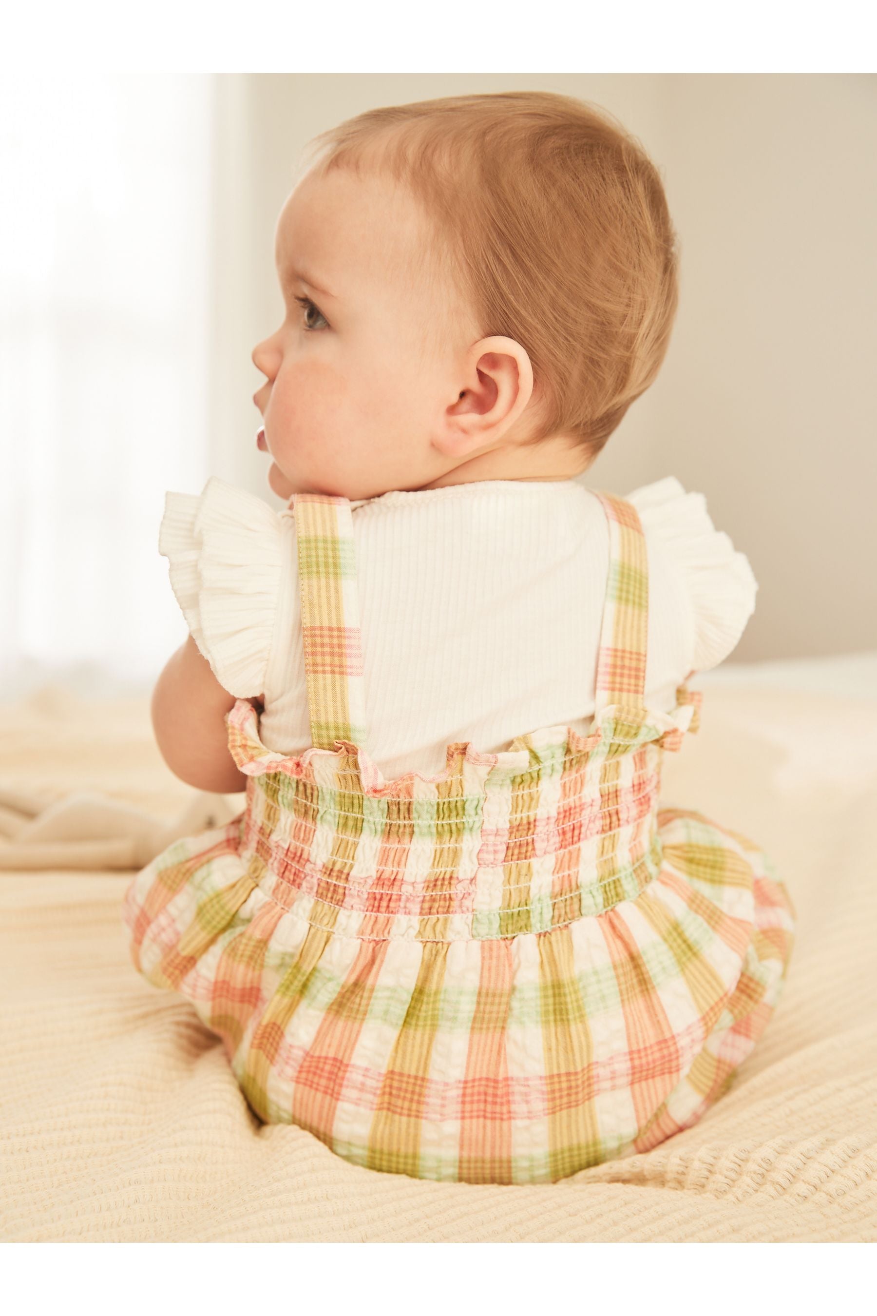 Green and Pink Check Gingham Baby Embroidered Dungaree And Bodysuit Set 2 Piece (0mths-2yrs)